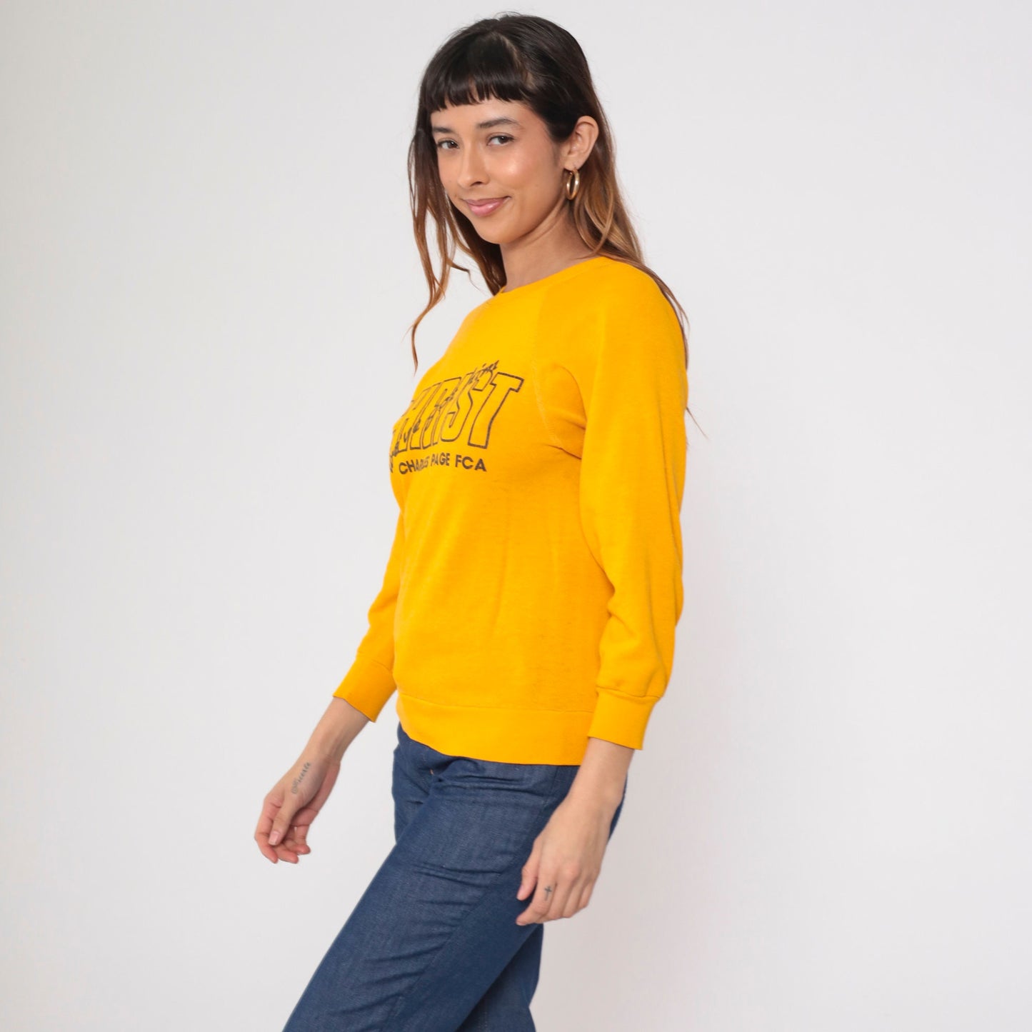80s Christian FCA Sweatshirt 'Christ We've Got Him' Yellow Raglan Extra Small