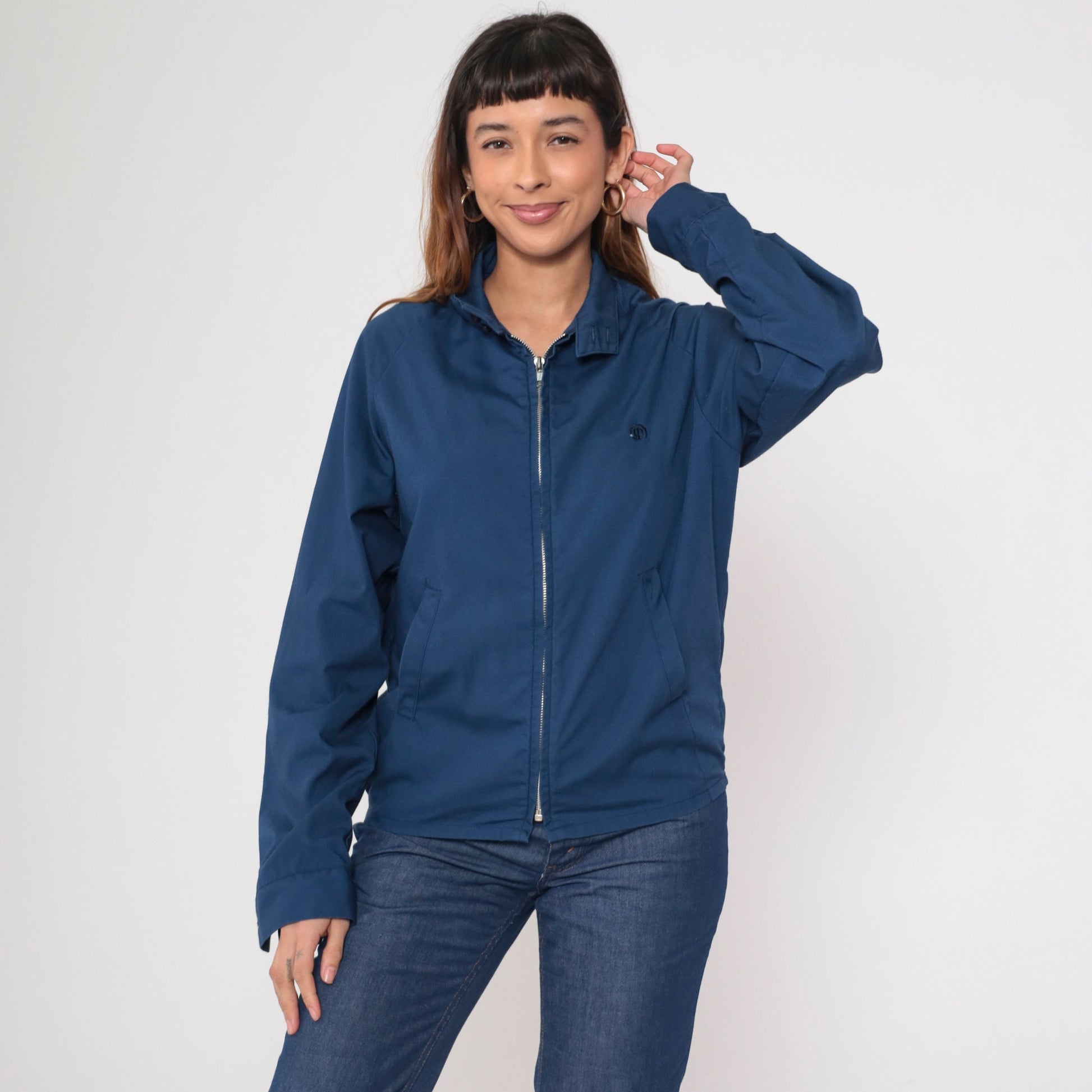 80s Navy Windbreaker Jacket Embroidered Crest Raglan Zip Medium