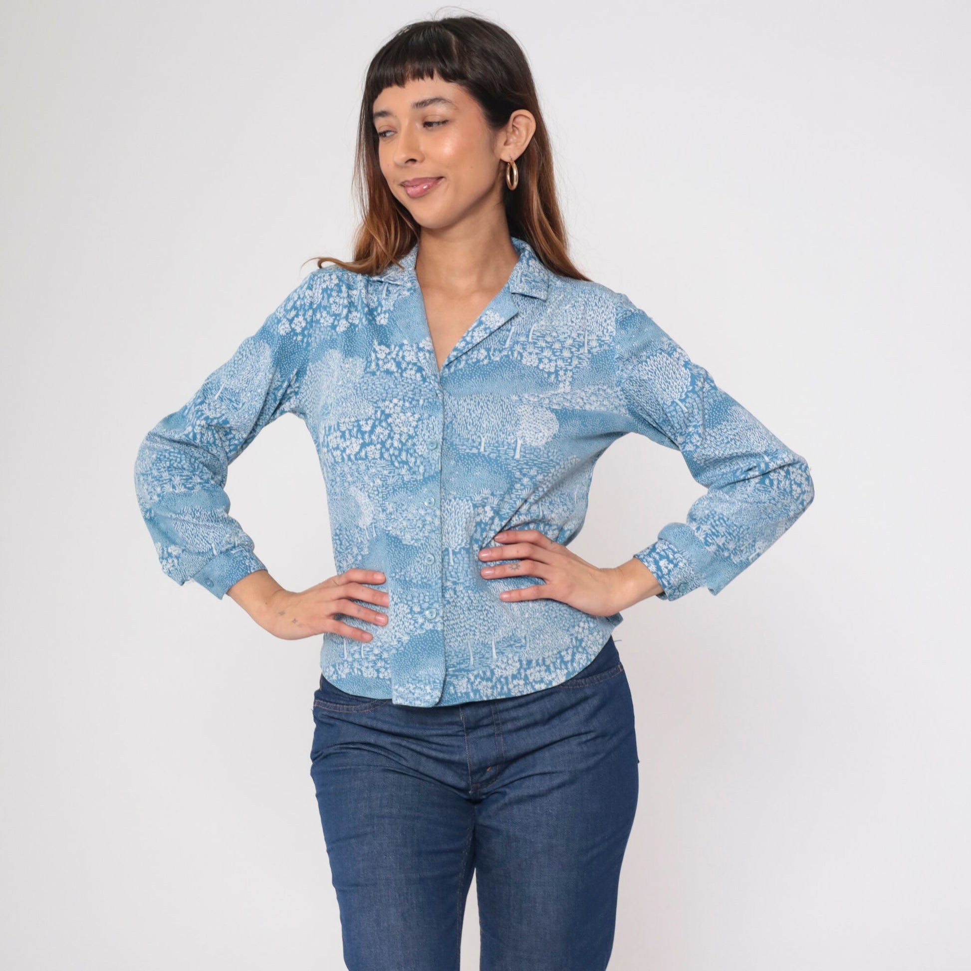 70s Alex Coman Sportswear Tree Floral Print Button-Up Blouse Blue Medium