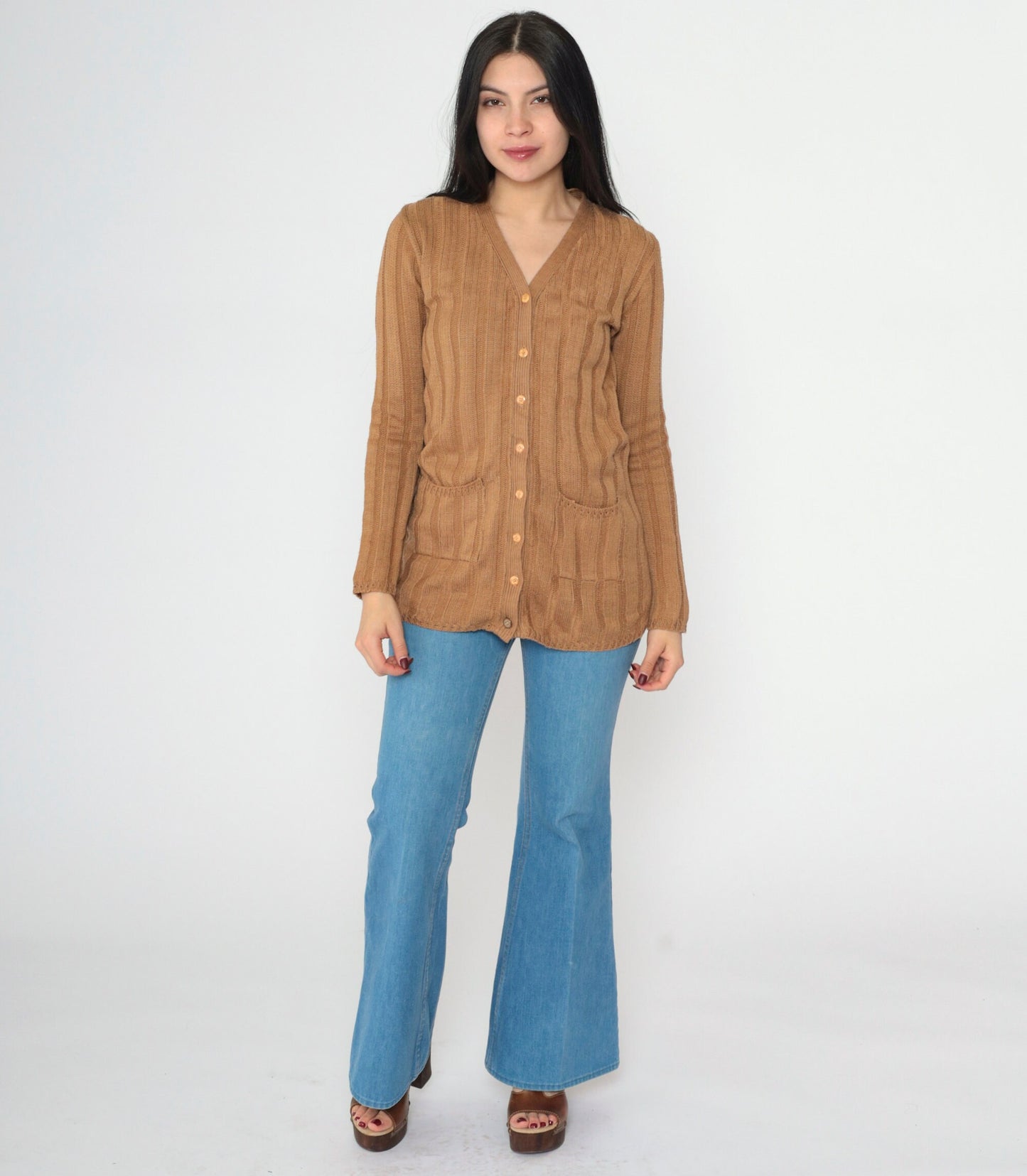 90s Brown Ribbed Cardigan Button-Up Knit Sweater V-Neck Small S