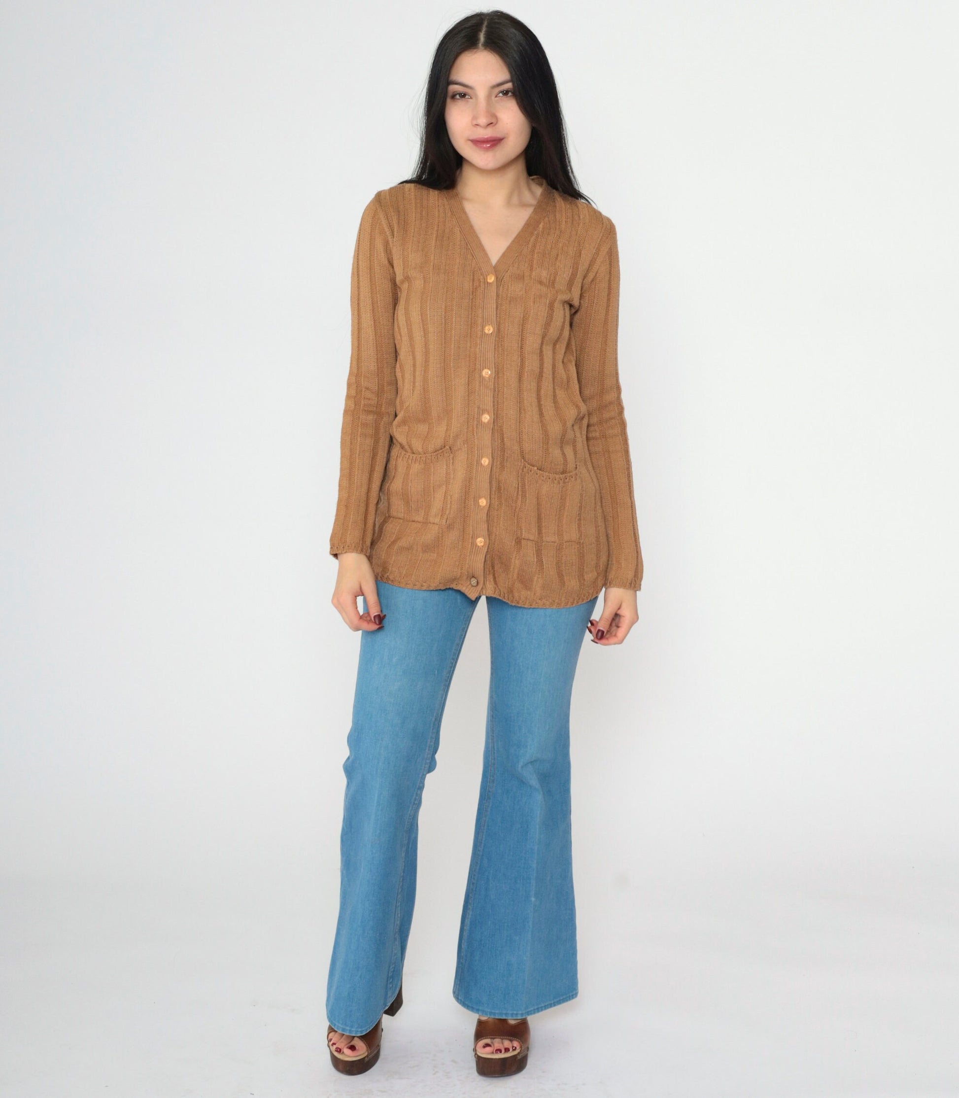 90s Brown Ribbed Cardigan Button-Up Knit Sweater V-Neck Small S
