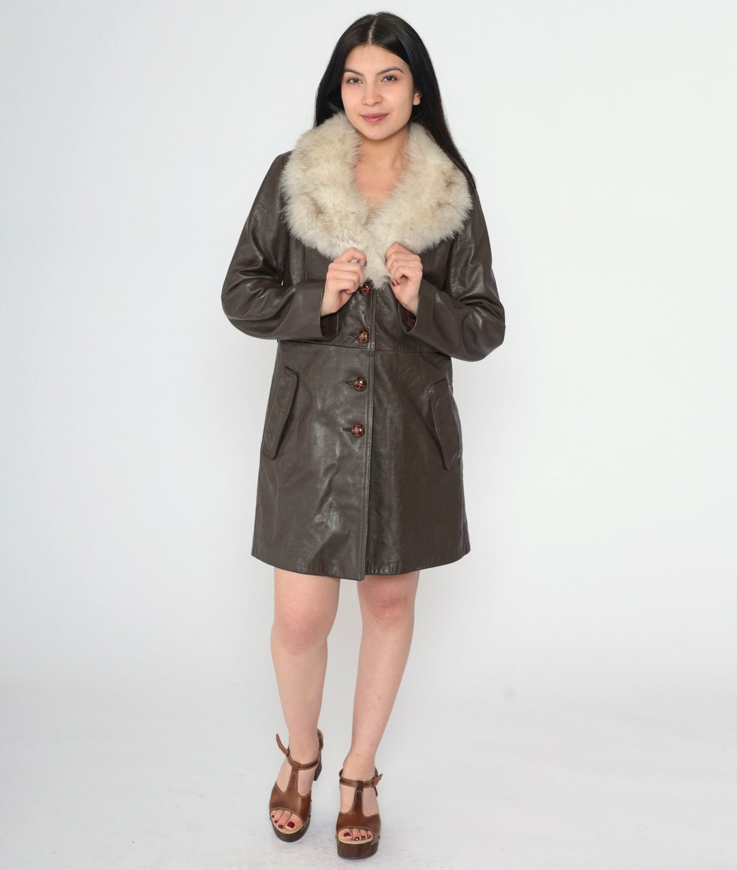 70s Brown Leather Jacket Fur Collar Button-Up Tailored Small S