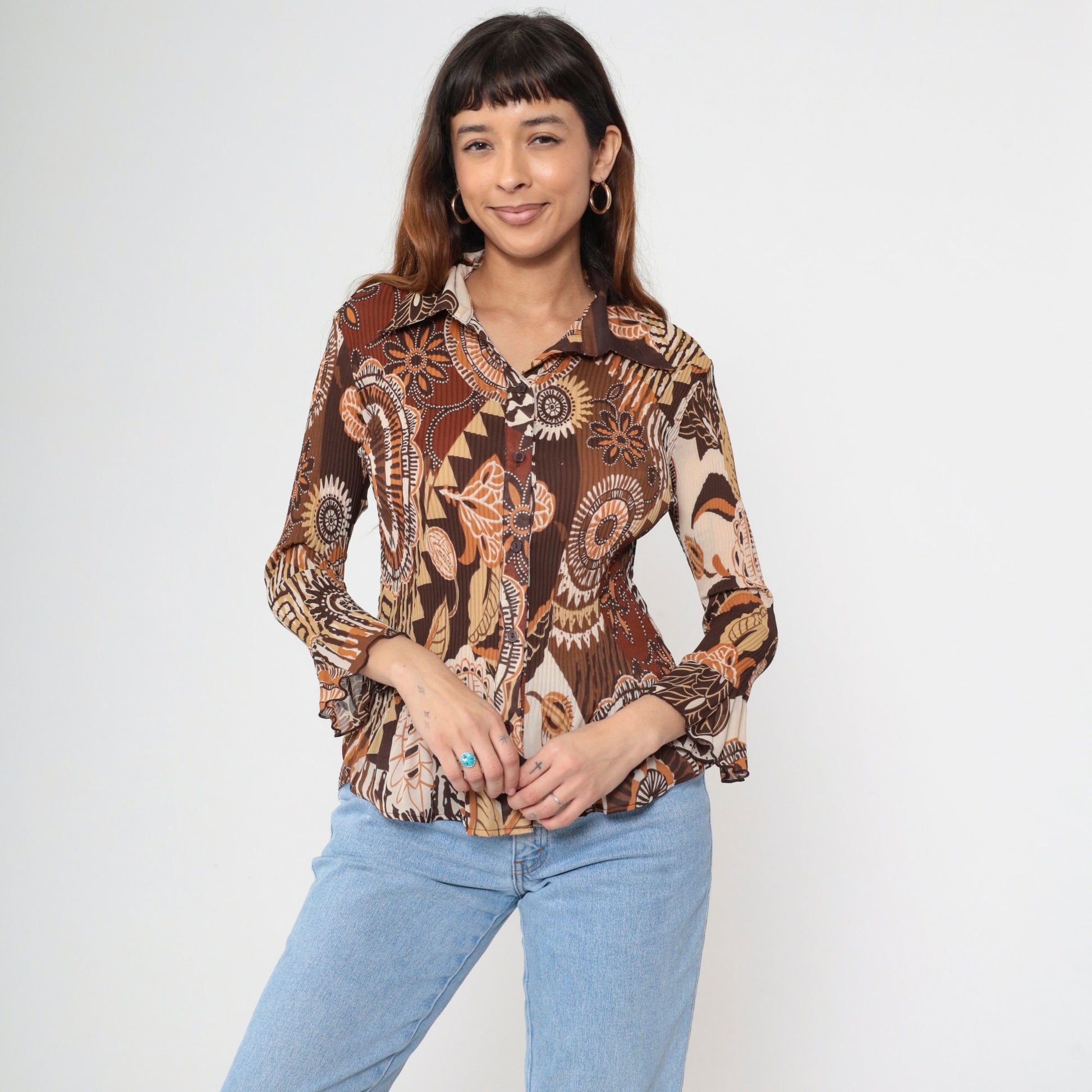Y2K Brown Patchwork Geometric Floral Button-Up Blouse Bell Sleeve Medium