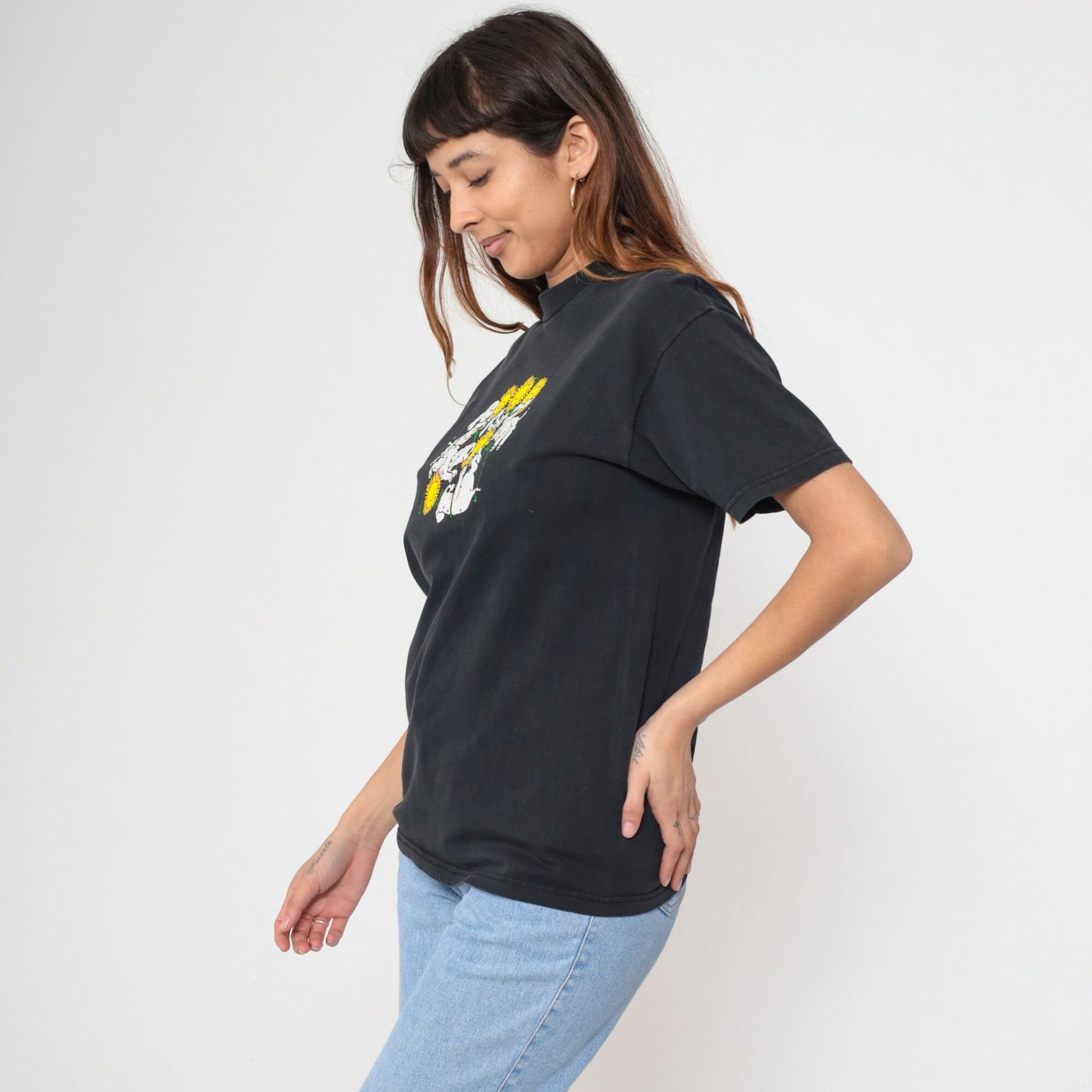 90s Dalmatian Puppy Sunflower Graphic T-Shirt Black Cotton Tee Medium