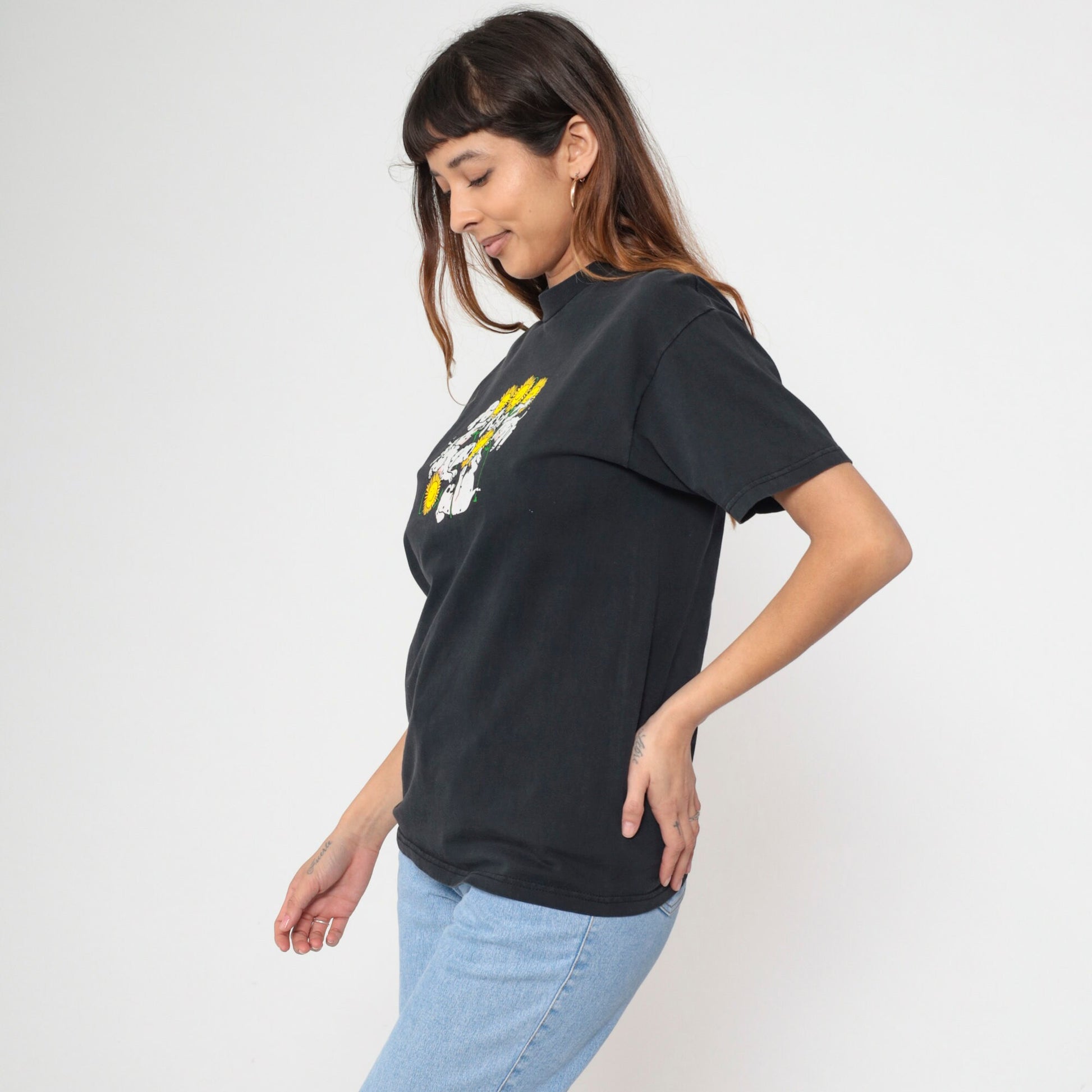 90s Dalmatian Puppy Sunflower Graphic T-Shirt Black Cotton Tee Medium