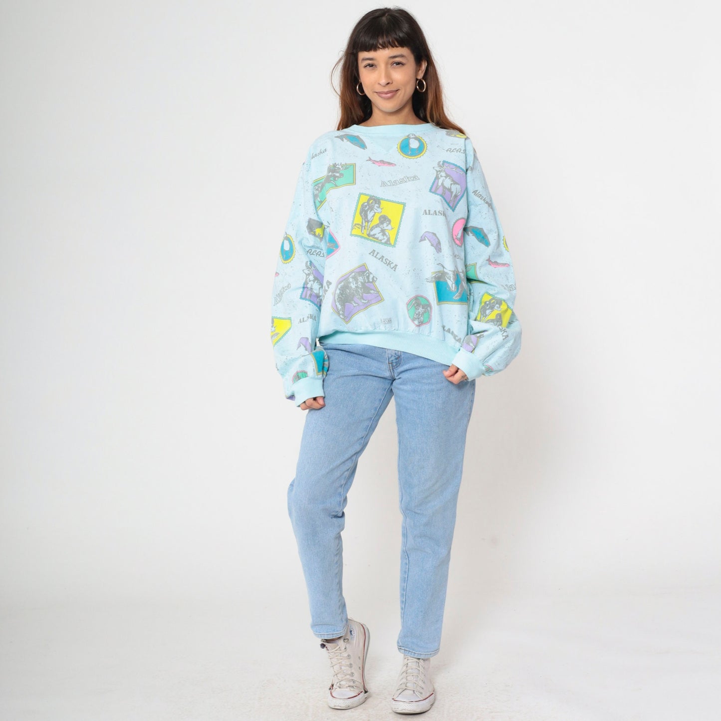 80s Alaska Wildlife Graphic Sweatshirt Light Blue Cotton Pullover Extra Large XL