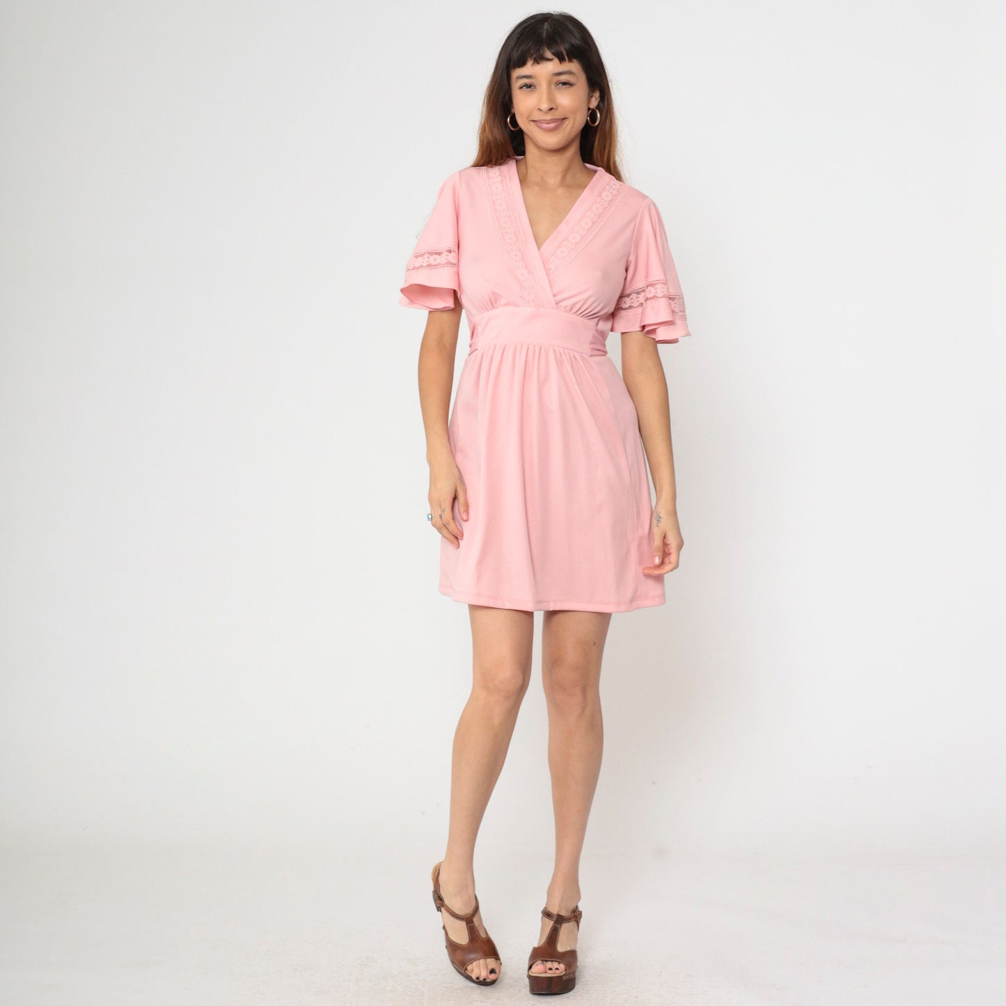 70s Pink Babydoll Dress Flutter Sleeve Empire Waist Mini V-Neck Small Medium