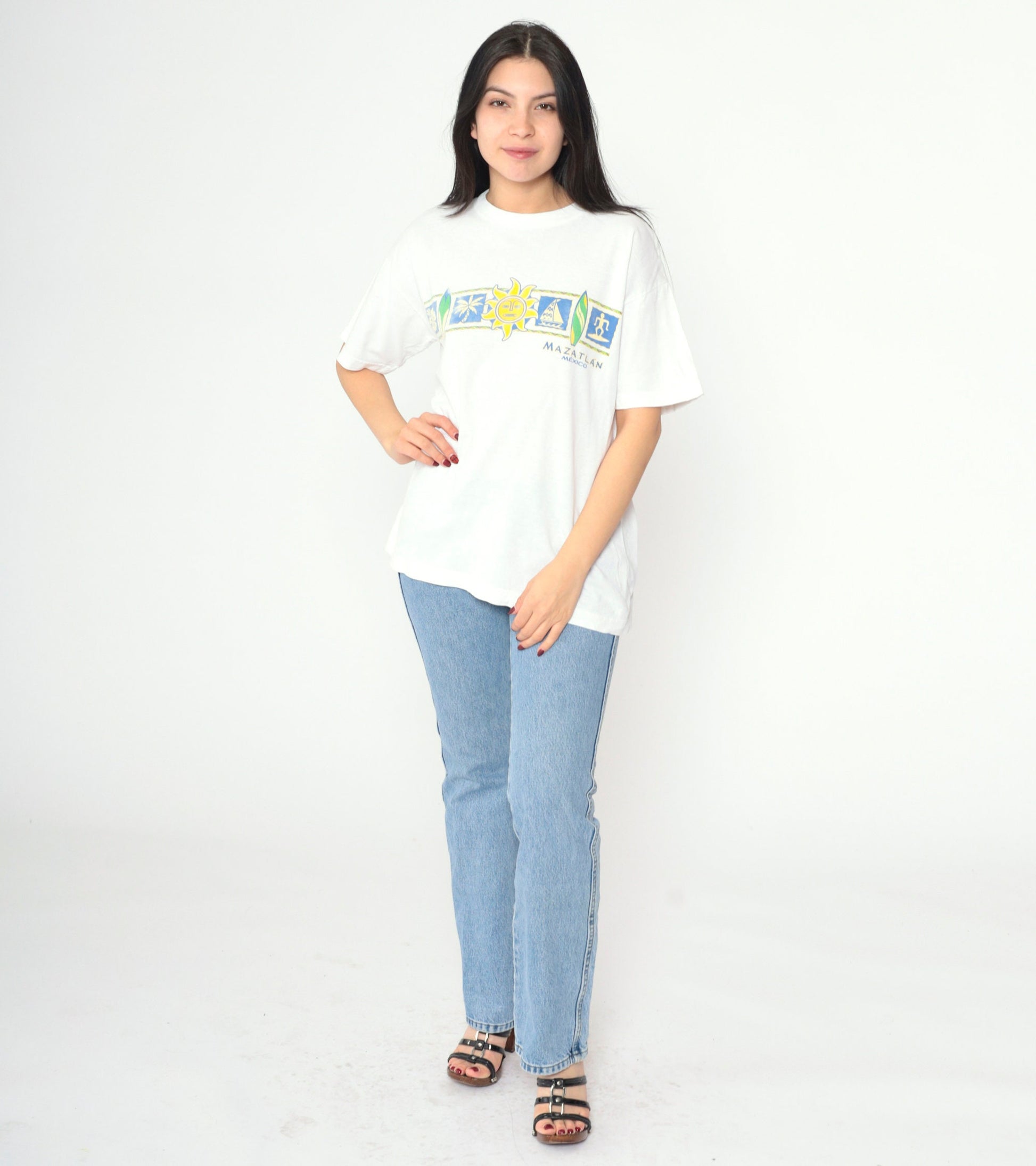 Y2K Mazatlan Mexico Graphic T-Shirt Celestial Sun Cotton White Medium