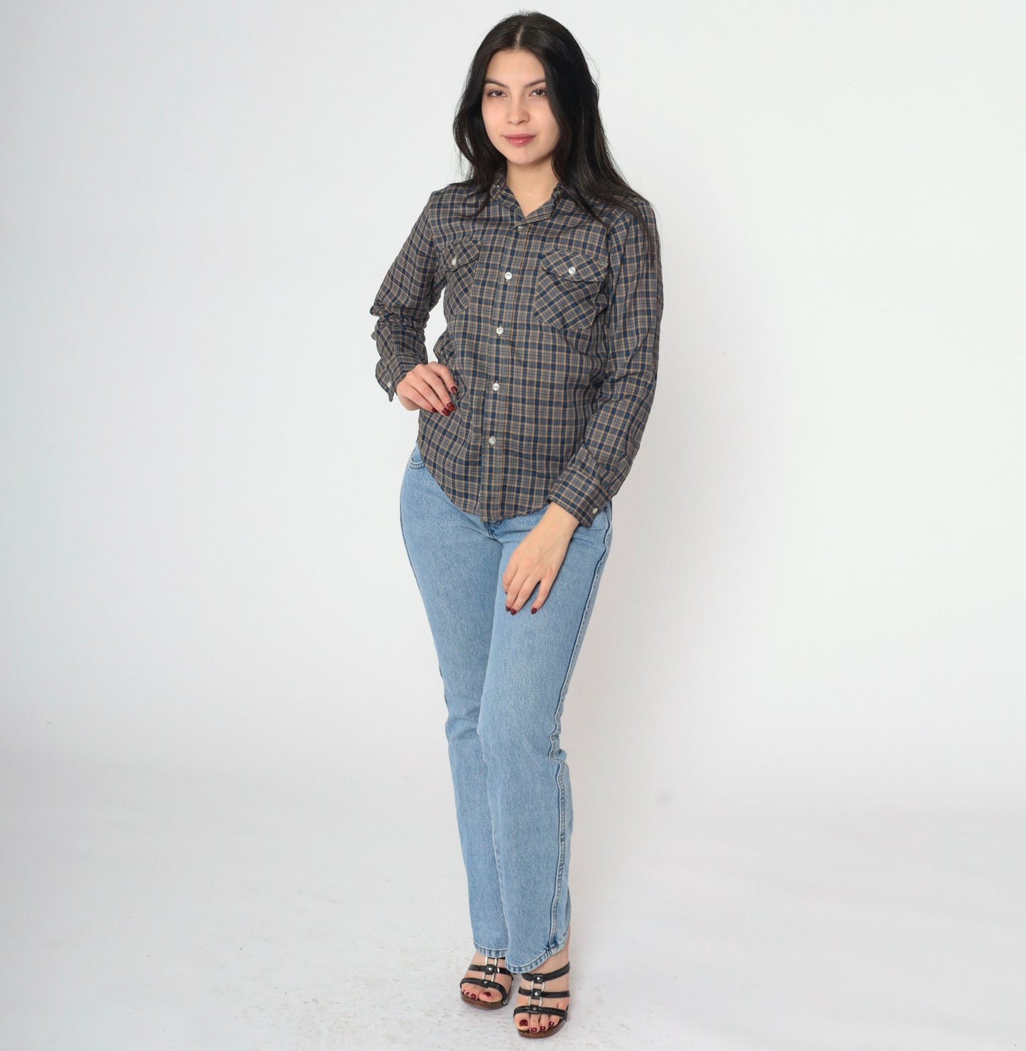 90s Blue Tan Plaid Button-Up Shirt Long Sleeve Chest Pocket Extra Small