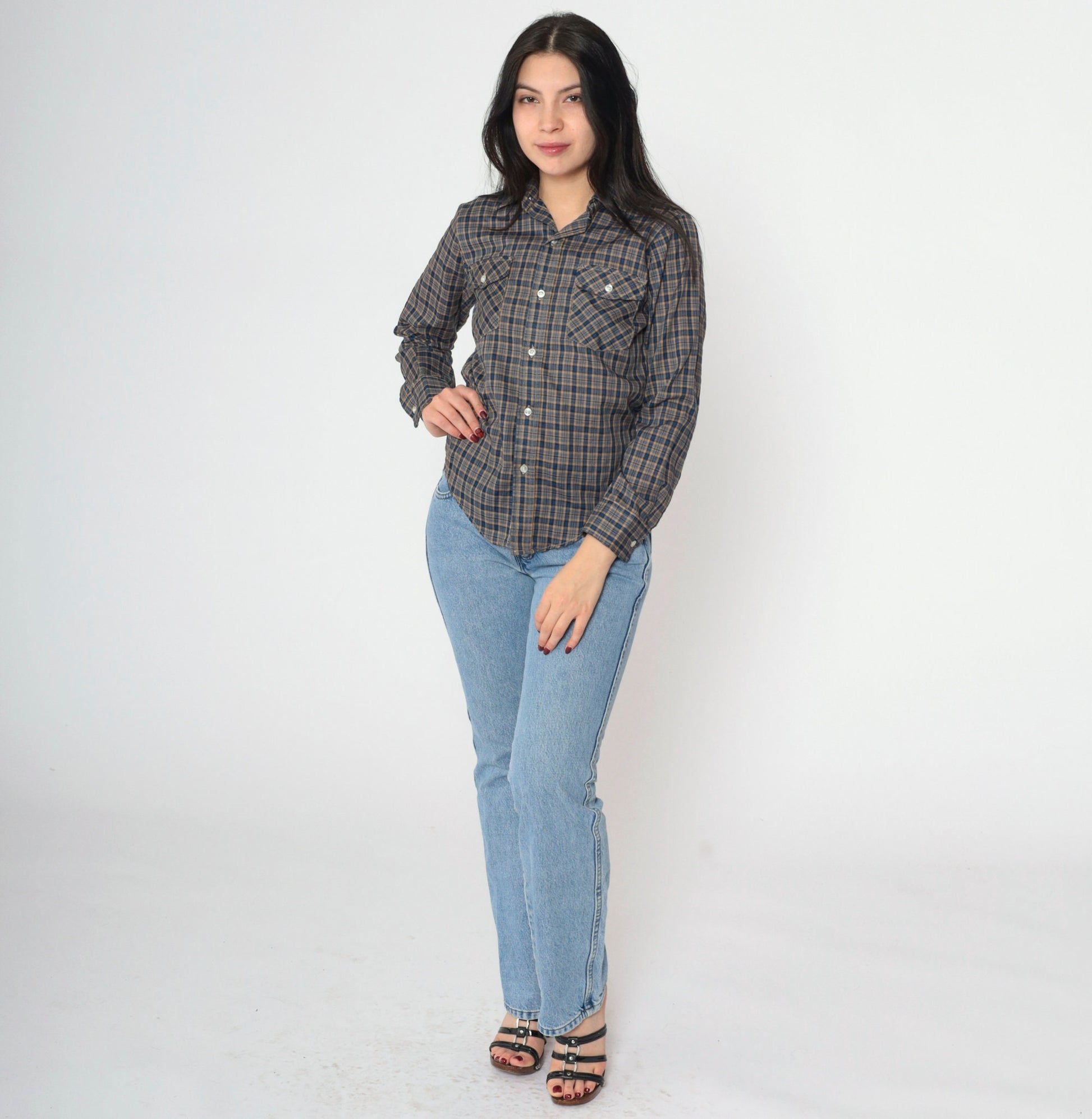 90s Blue Tan Plaid Button-Up Shirt Long Sleeve Chest Pocket Extra Small