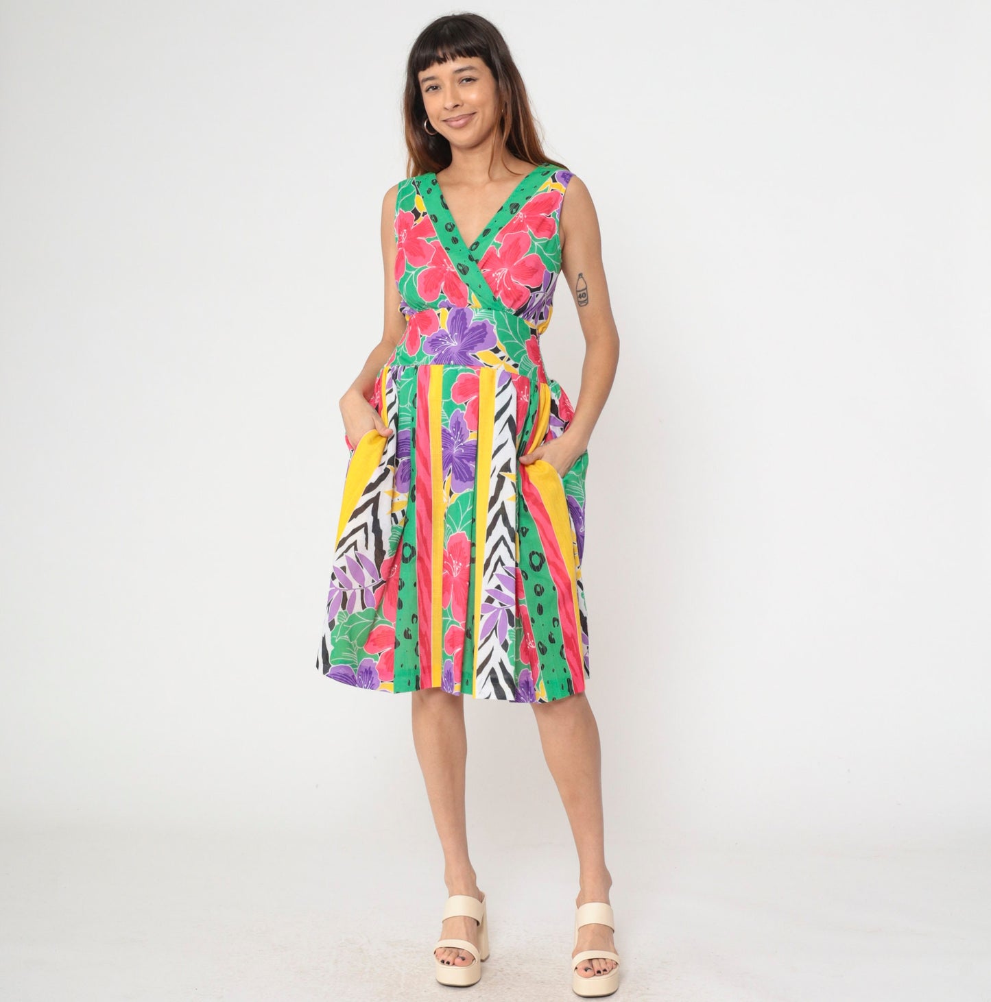 80s Melissa Lane Floral Stripe Midi Dress Smocked Waist V-Neck Small Medium