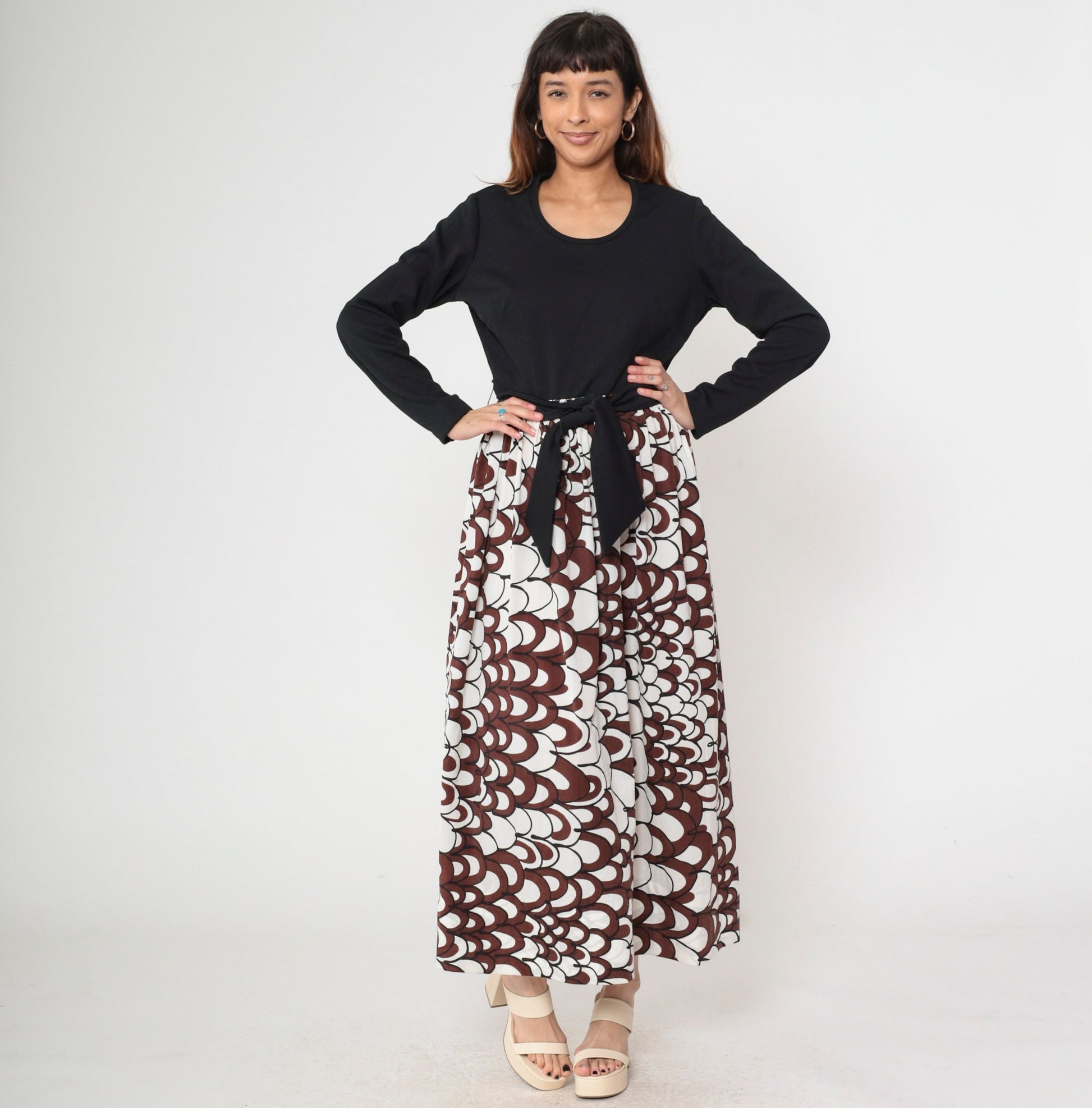 70s Psychedelic Brown White Maxi Dress A-Line High Waist Long Sleeve Large L