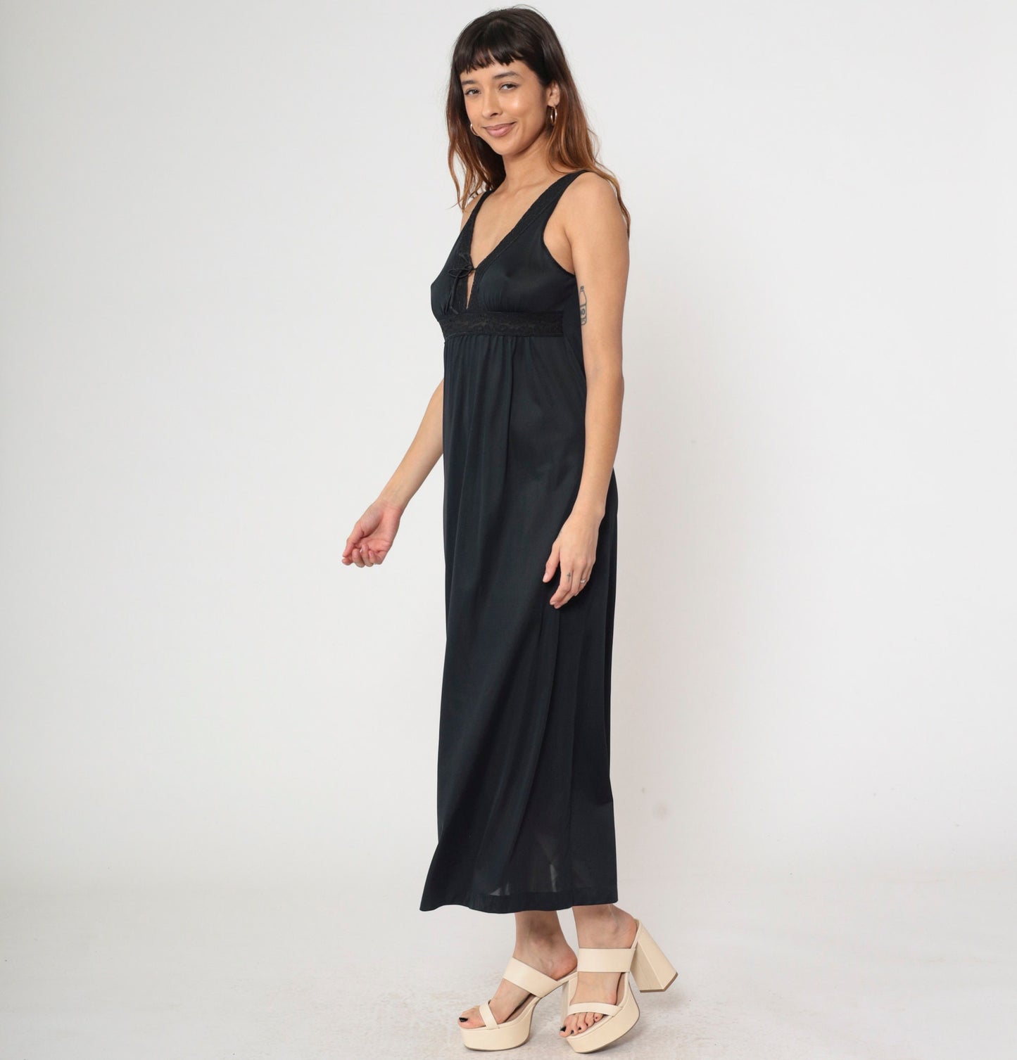 70s Black Nylon Maxi Slip Dress Empire Waist V Neck Lace Trim Medium