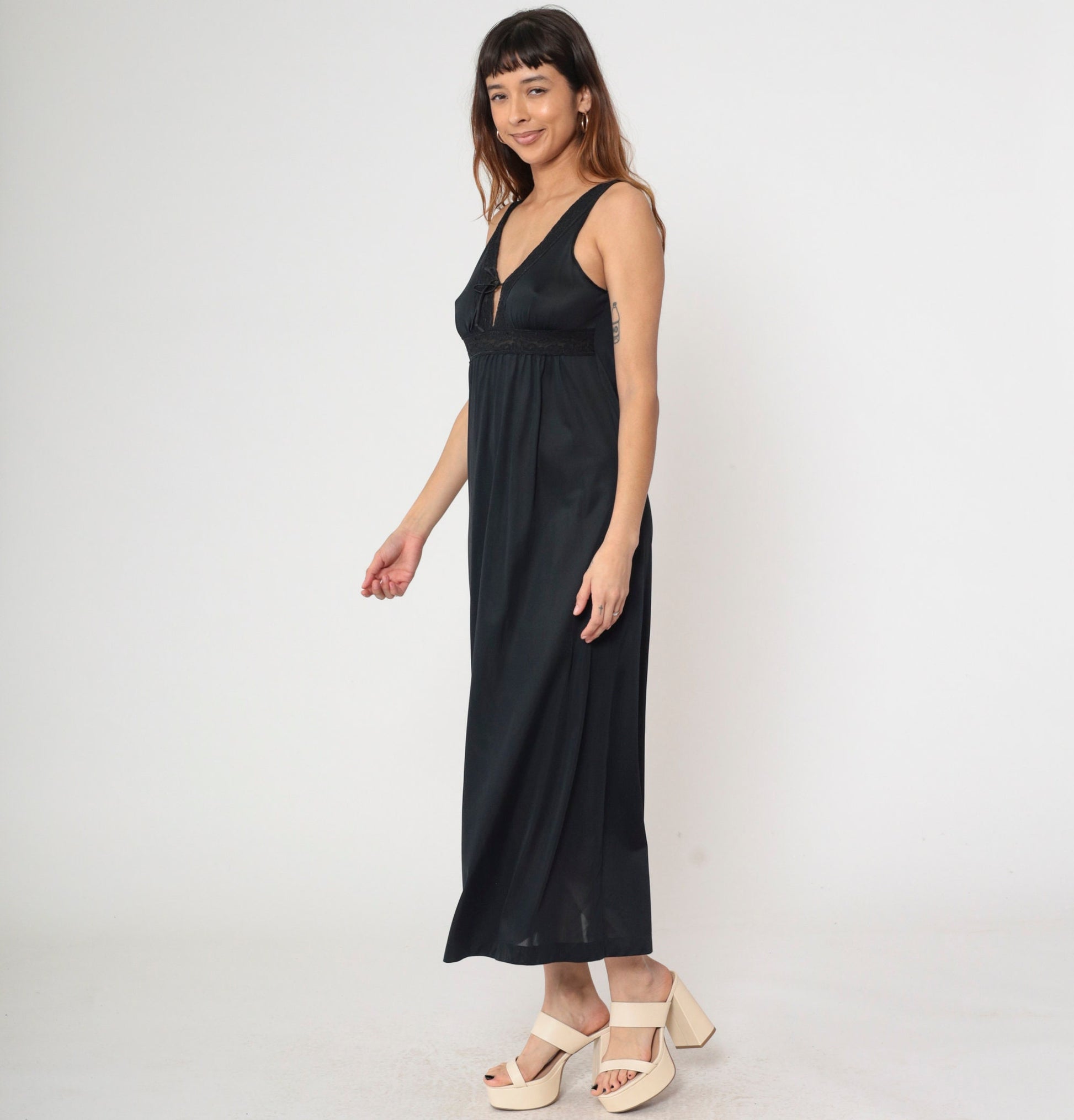 70s Black Nylon Maxi Slip Dress Empire Waist V Neck Lace Trim Medium