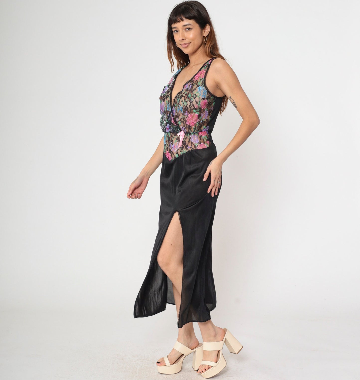 80s Floral Lace Black Maxi Slip Dress Deep V Neck Side Slit Nightgown Small