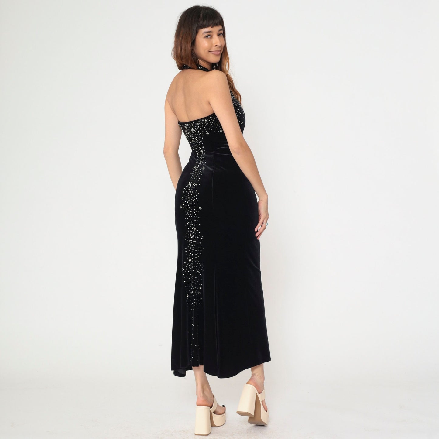 90s Dave & Johnny Black Velvet Halter Maxi Dress Beaded Sequin Sheath Extra Small