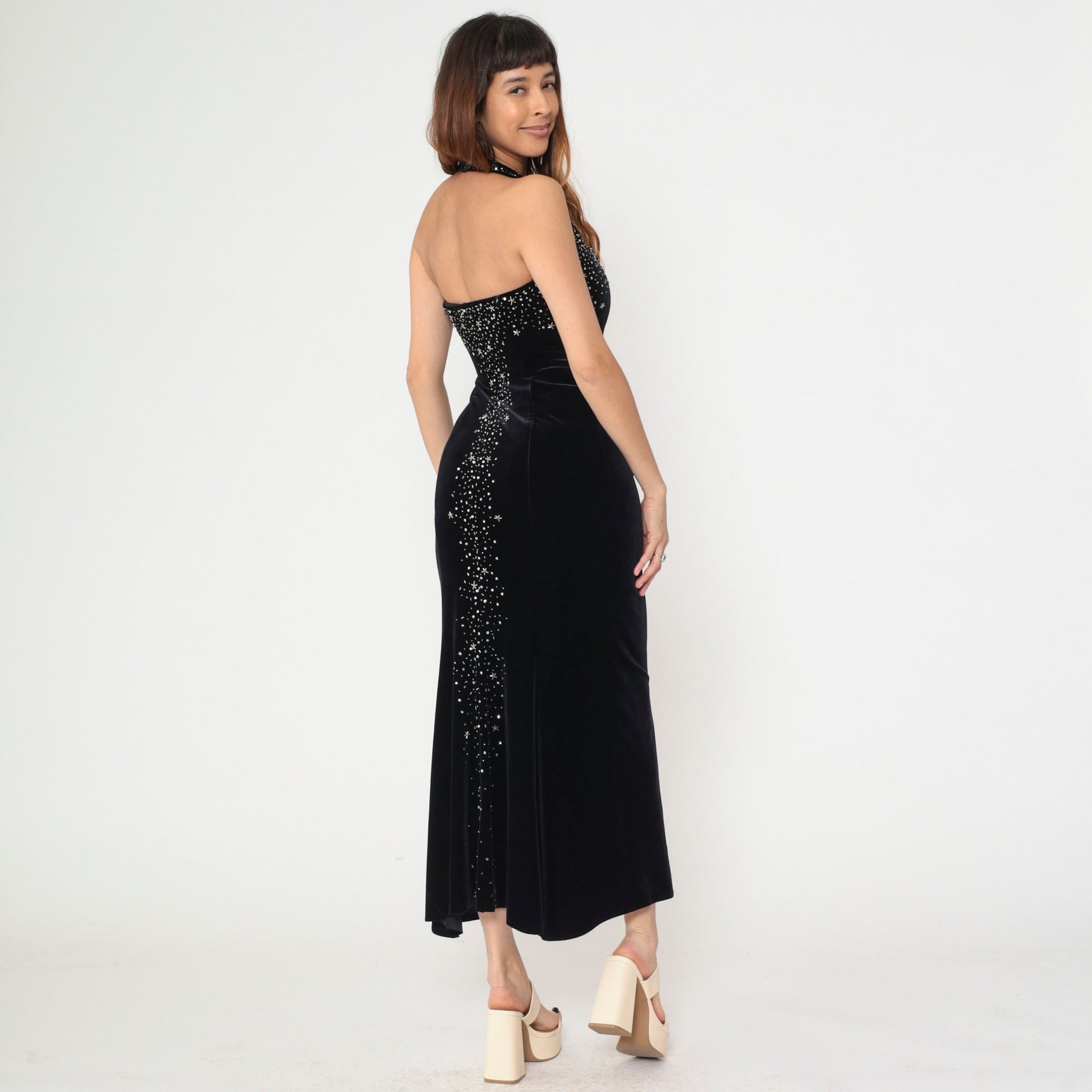 90s Dave & Johnny Black Velvet Halter Maxi Dress Beaded Sequin Sheath Extra Small