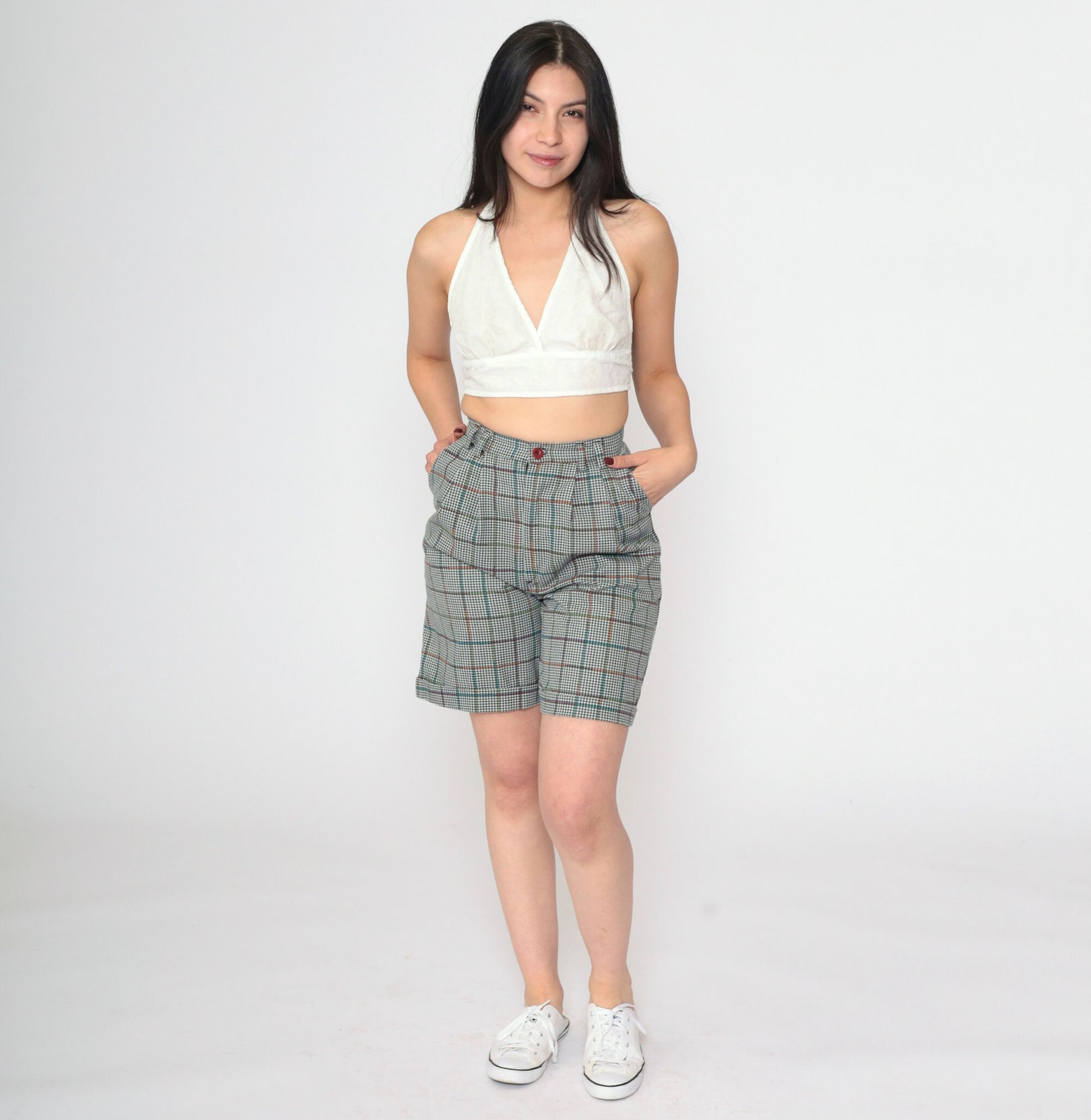 80s Houndstooth High-Waisted Shorts Black White Pleated Extra Small XS