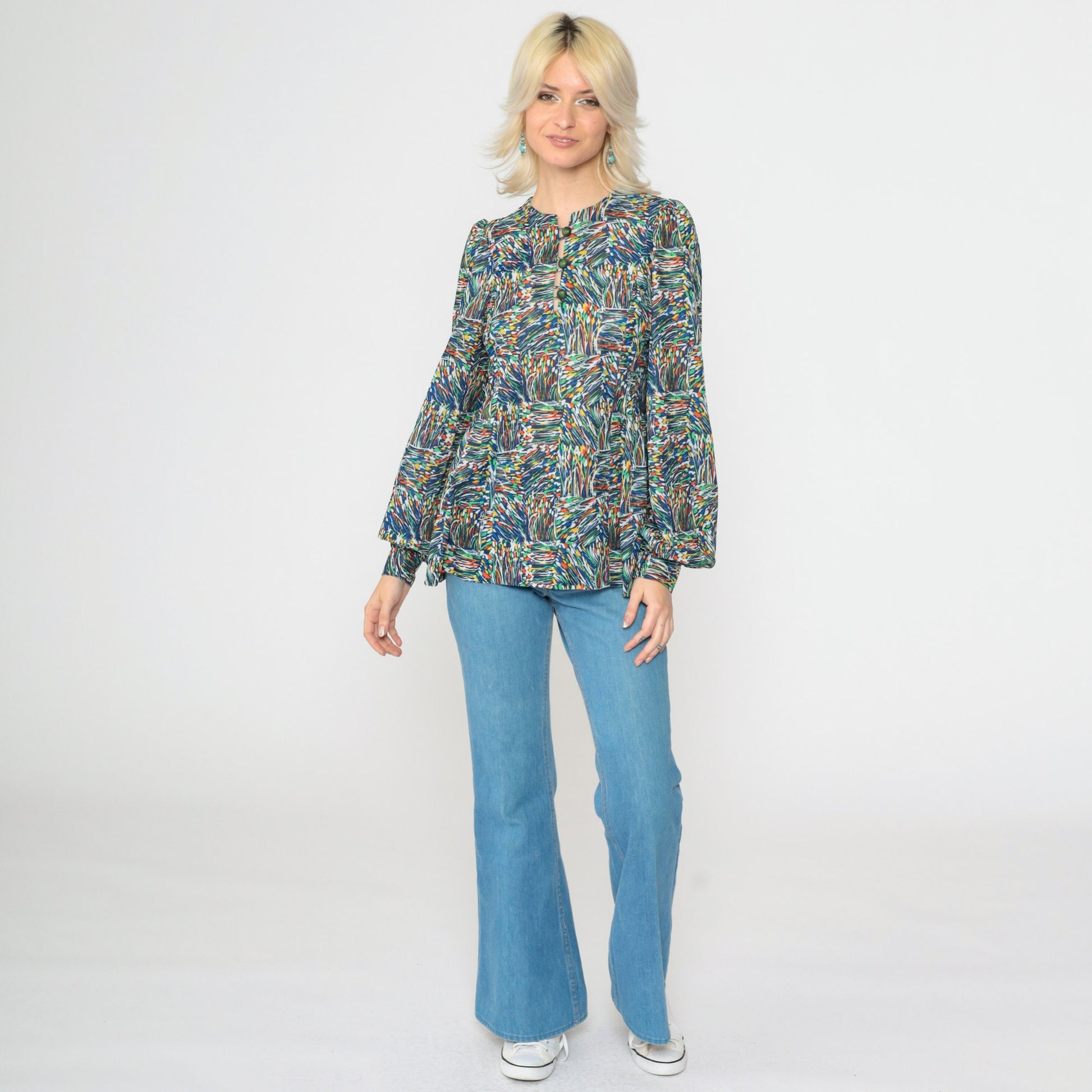 70s Blue Abstract Floral Puff Sleeve Button Up Blouse Small