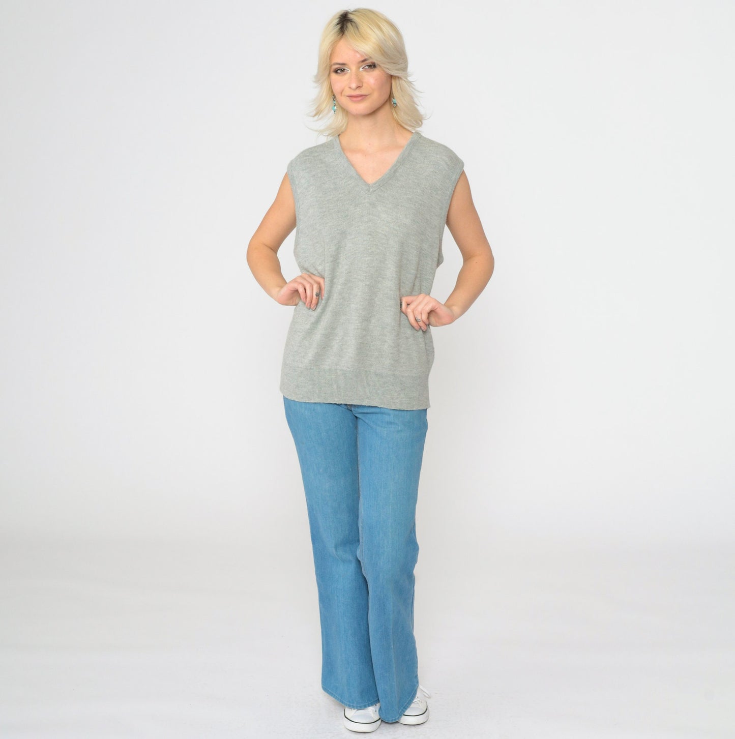 80s Grey V-Neck Sweater Vest Knit Tank Sleeveless Large