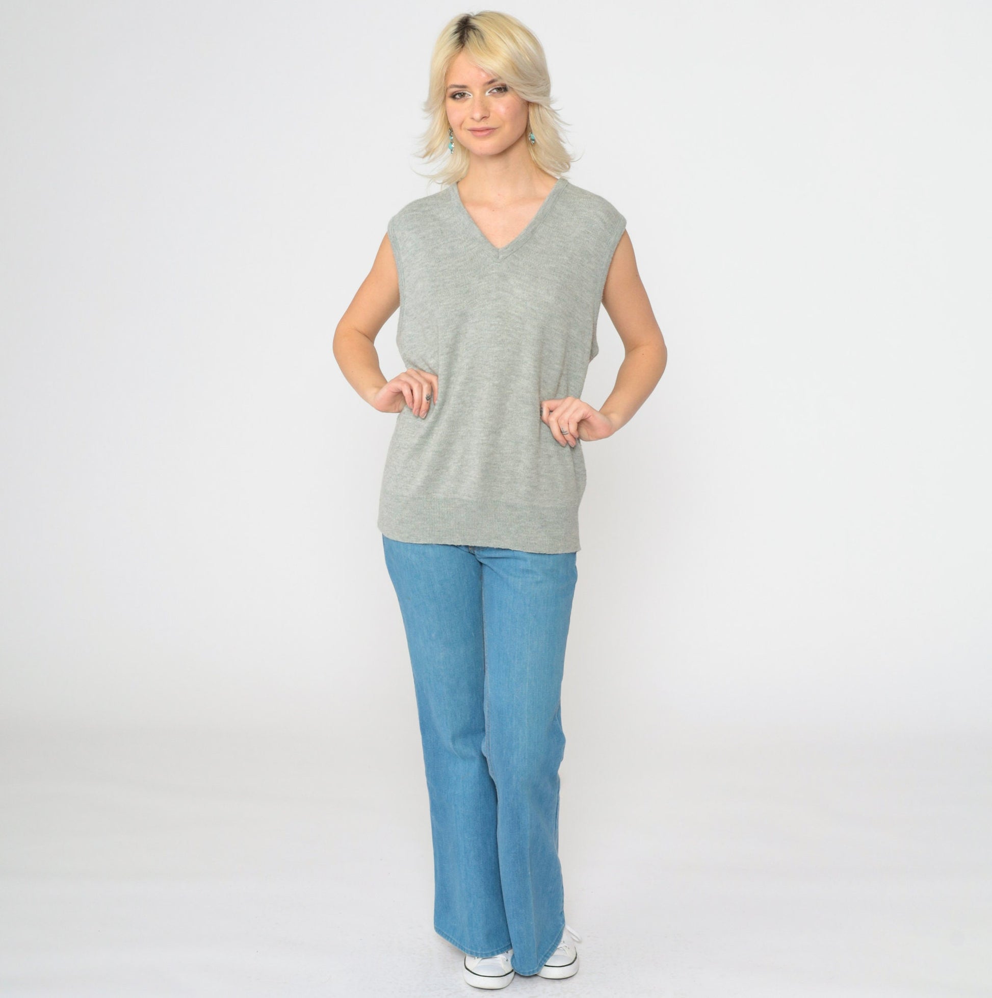 80s Grey V-Neck Sweater Vest Knit Tank Sleeveless Large