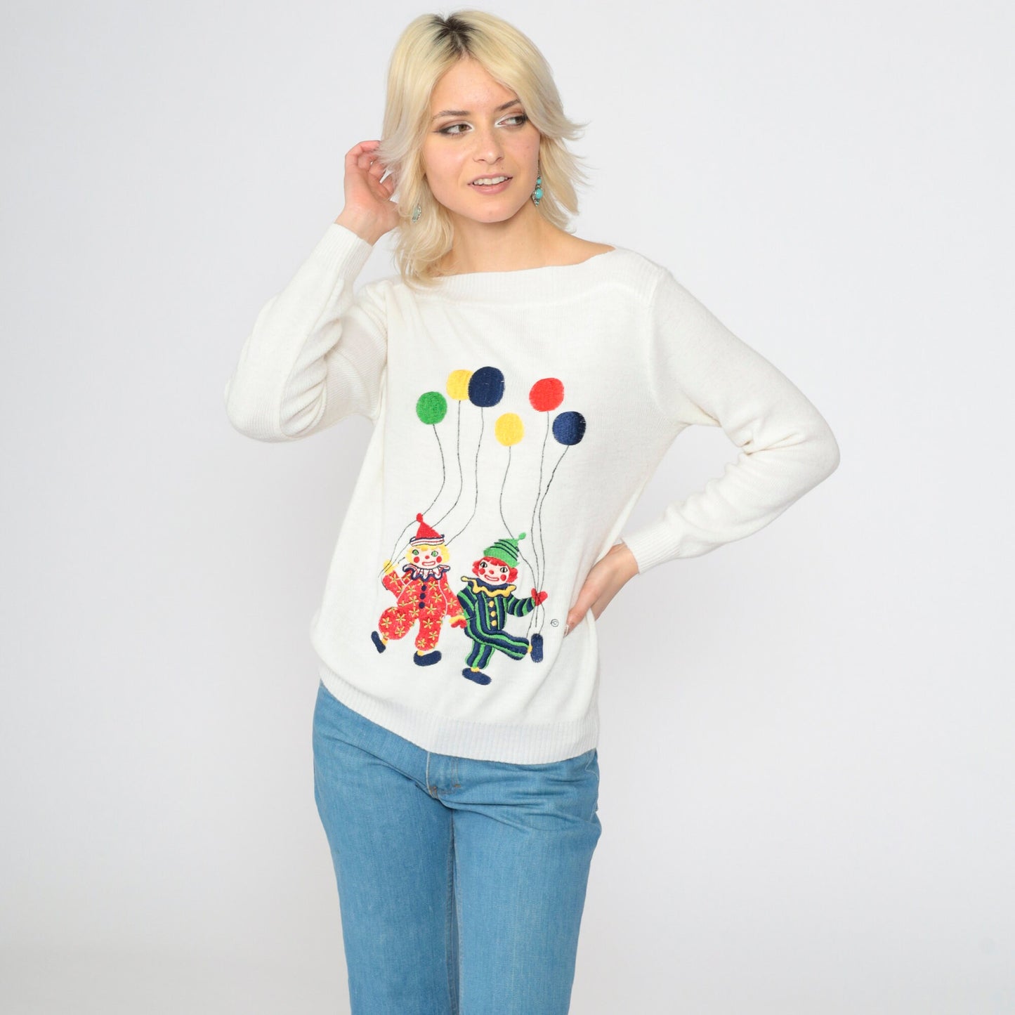 70s Clown Embroidered Sweater White Boatneck Pullover Novelty Small S