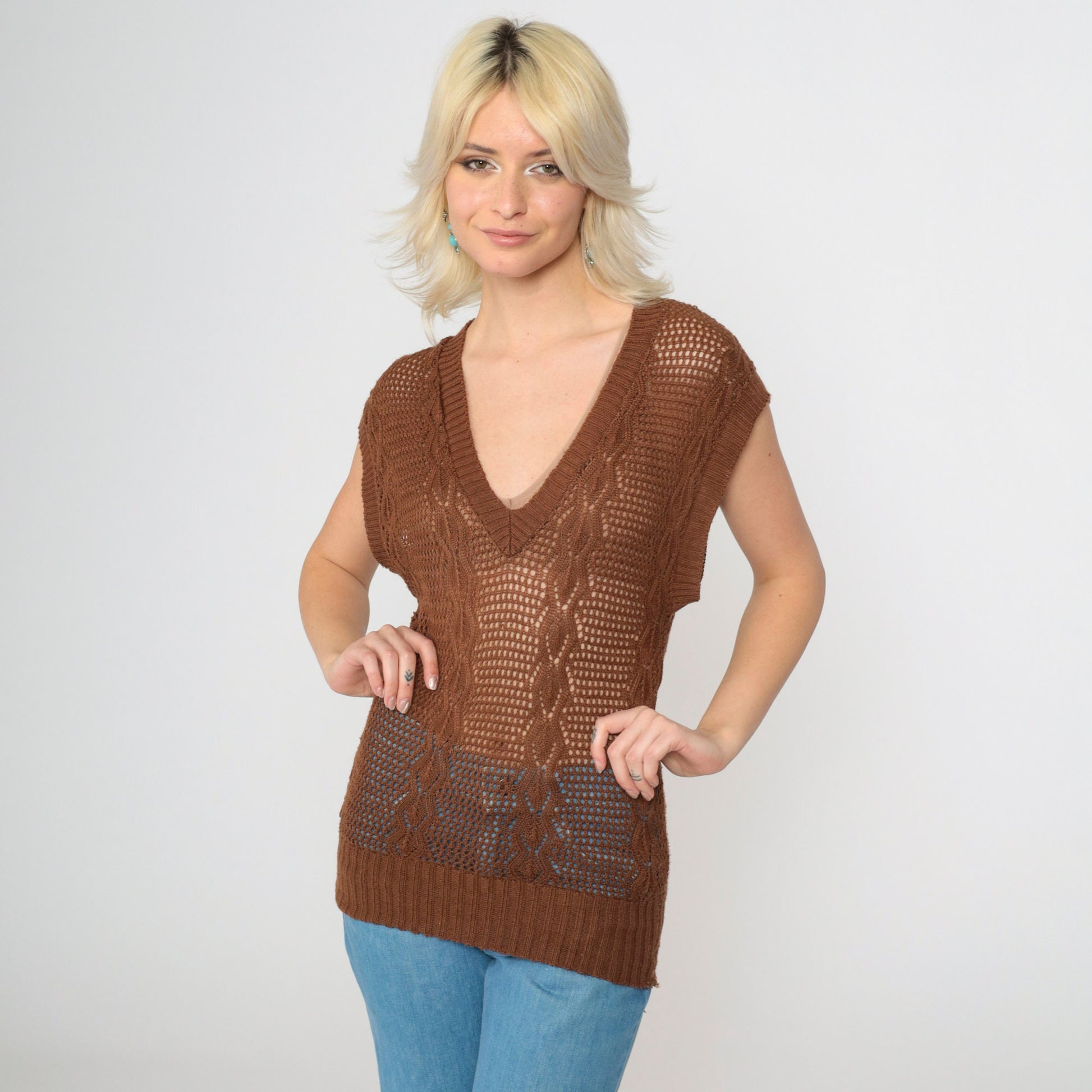 80s Brown Sheer Knit Sweater Vest V-Neck Cap Sleeve Extra Small