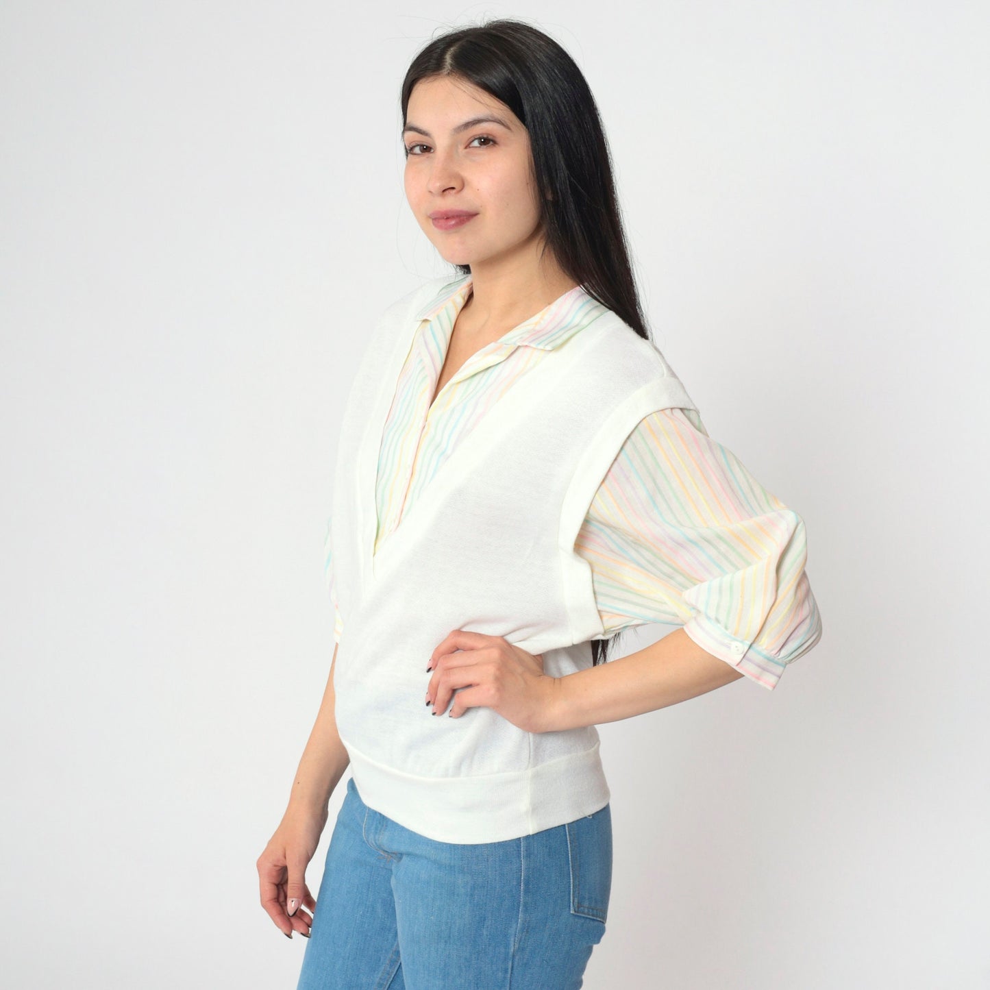 80s Rainbow Striped White Button-Up Blouse with Attached Vest 3/4 Sleeve Medium