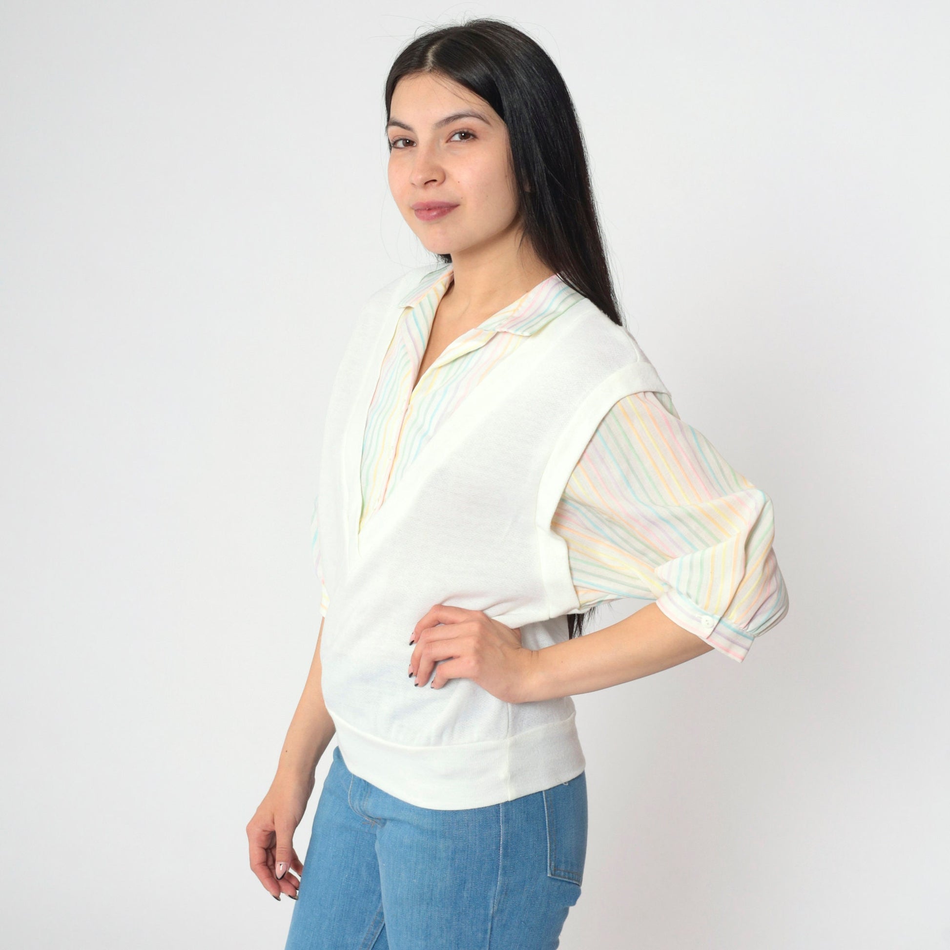 80s Rainbow Striped White Button-Up Blouse with Attached Vest 3/4 Sleeve Medium