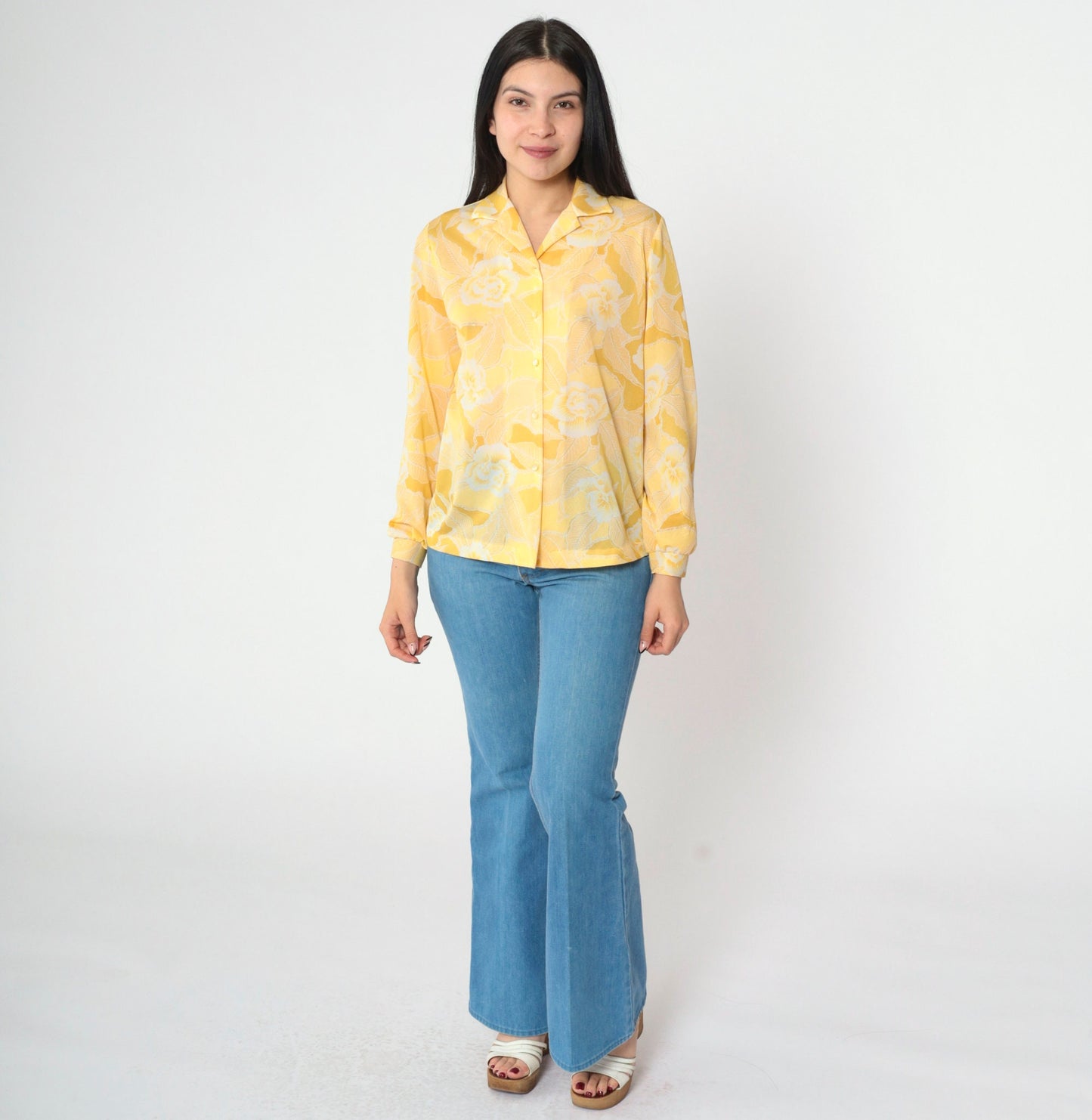 70s Floral Button-Up Shirt Yellow Flower Print Long Sleeve Medium