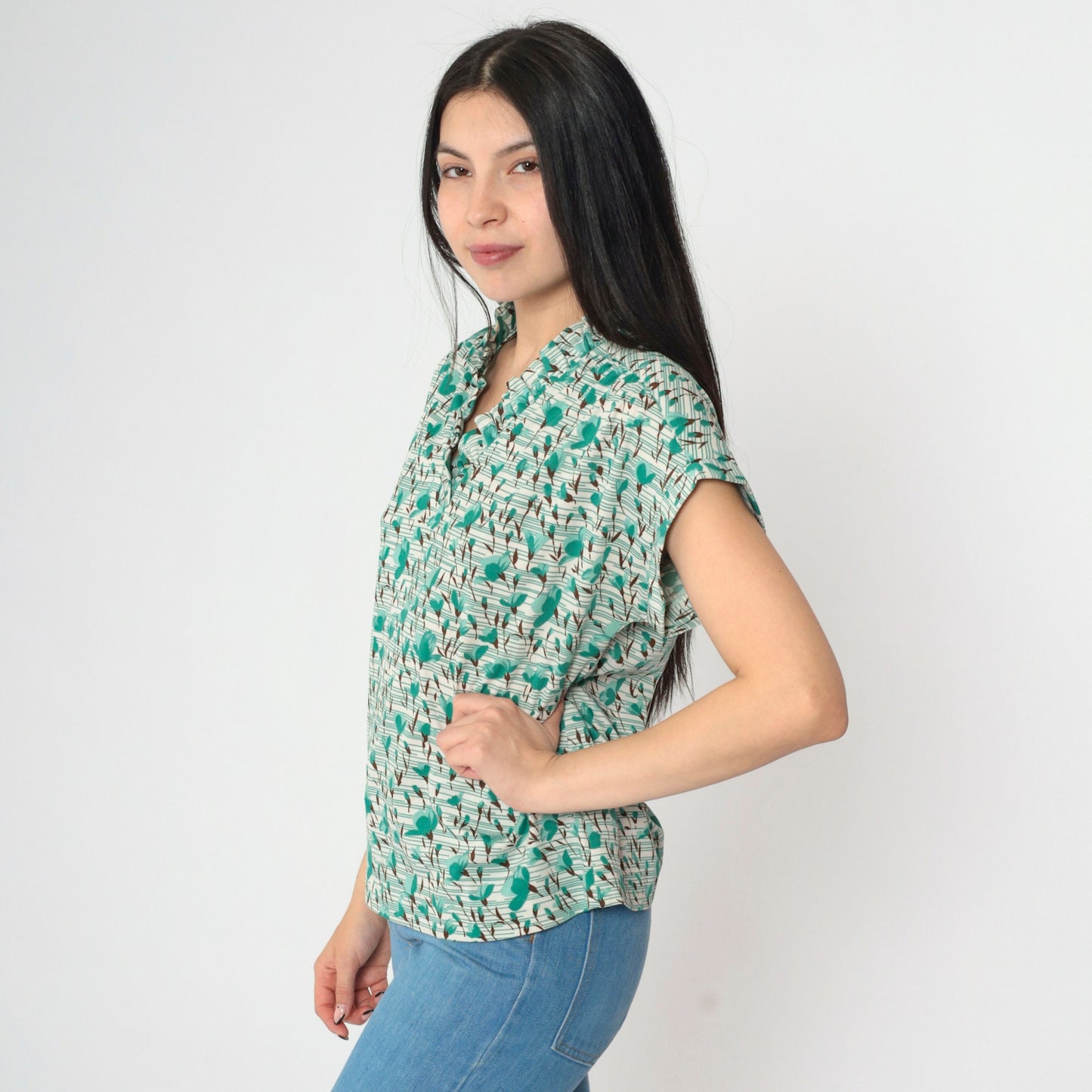 70s Graff Floral Striped Blouse Green Cap Sleeve V Neck Ruffled Small