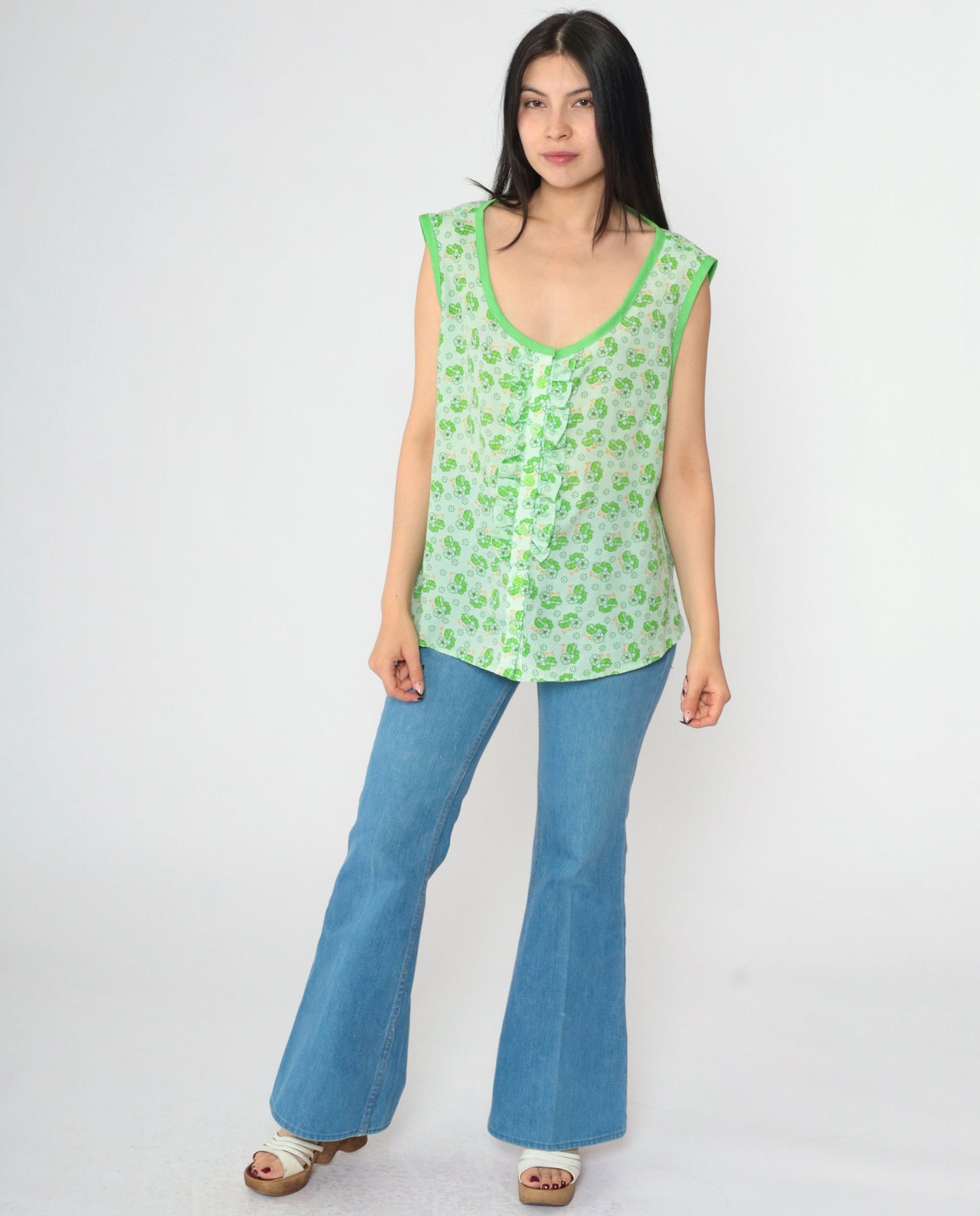 70s Floral Green Tank Top Button-Up Ruffled Sleeveless Blouse Extra Large XL
