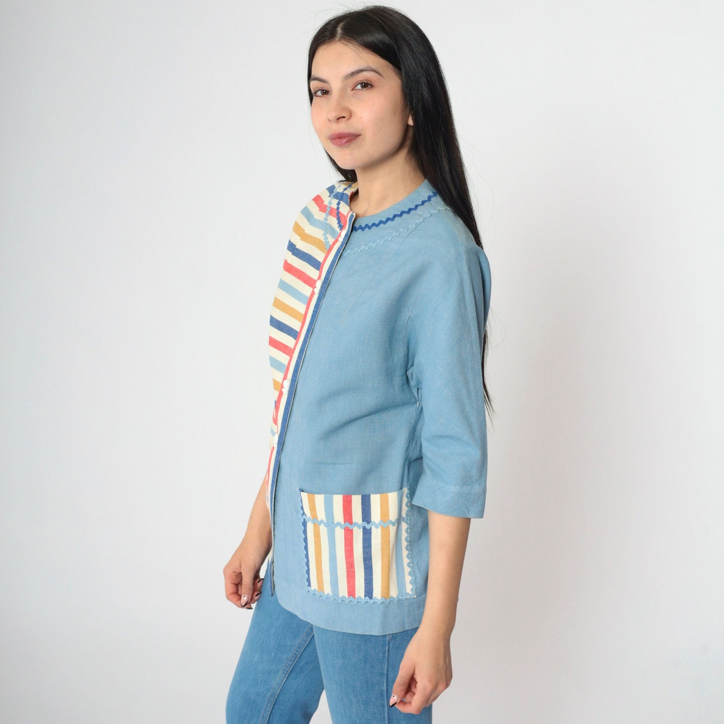 60s Striped Button-Up Blouse Blue Multicolor Rickrack Trim Pocket Small S