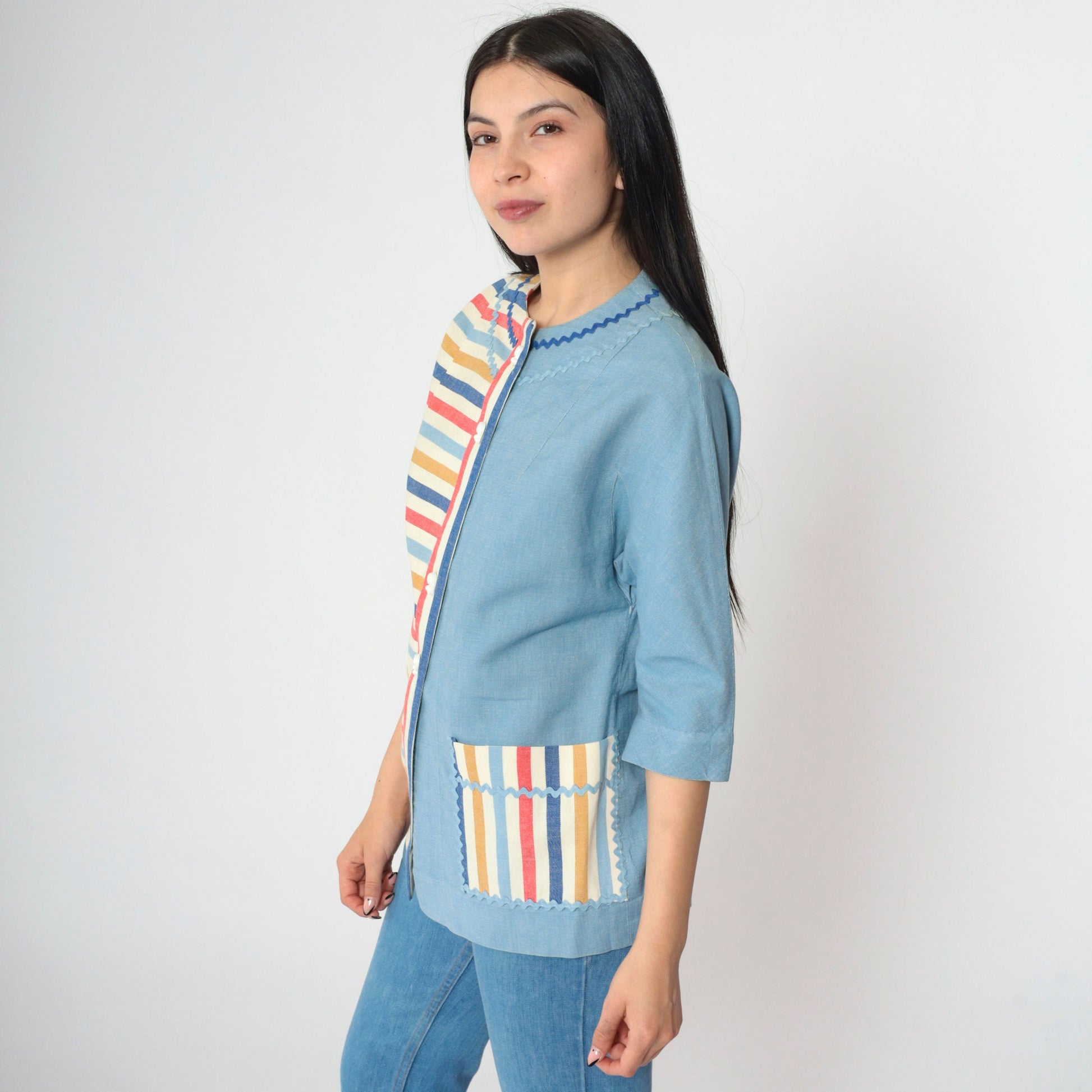60s Striped Button-Up Blouse Blue Multicolor Rickrack Trim Pocket Small S