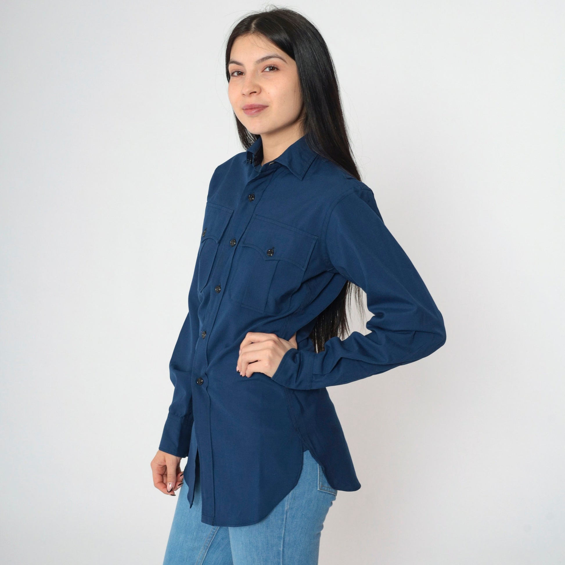 70s Wide Awake Navy Wool Blend Work Shirt Long Sleeve Button-Up XS