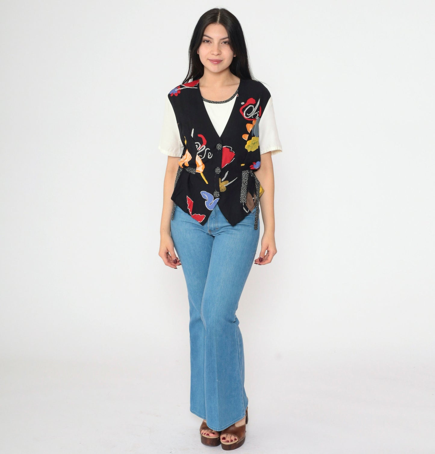 90s Kathie Lee Abstract Floral Button-Up Blouse with Attached Vest White Black Medium