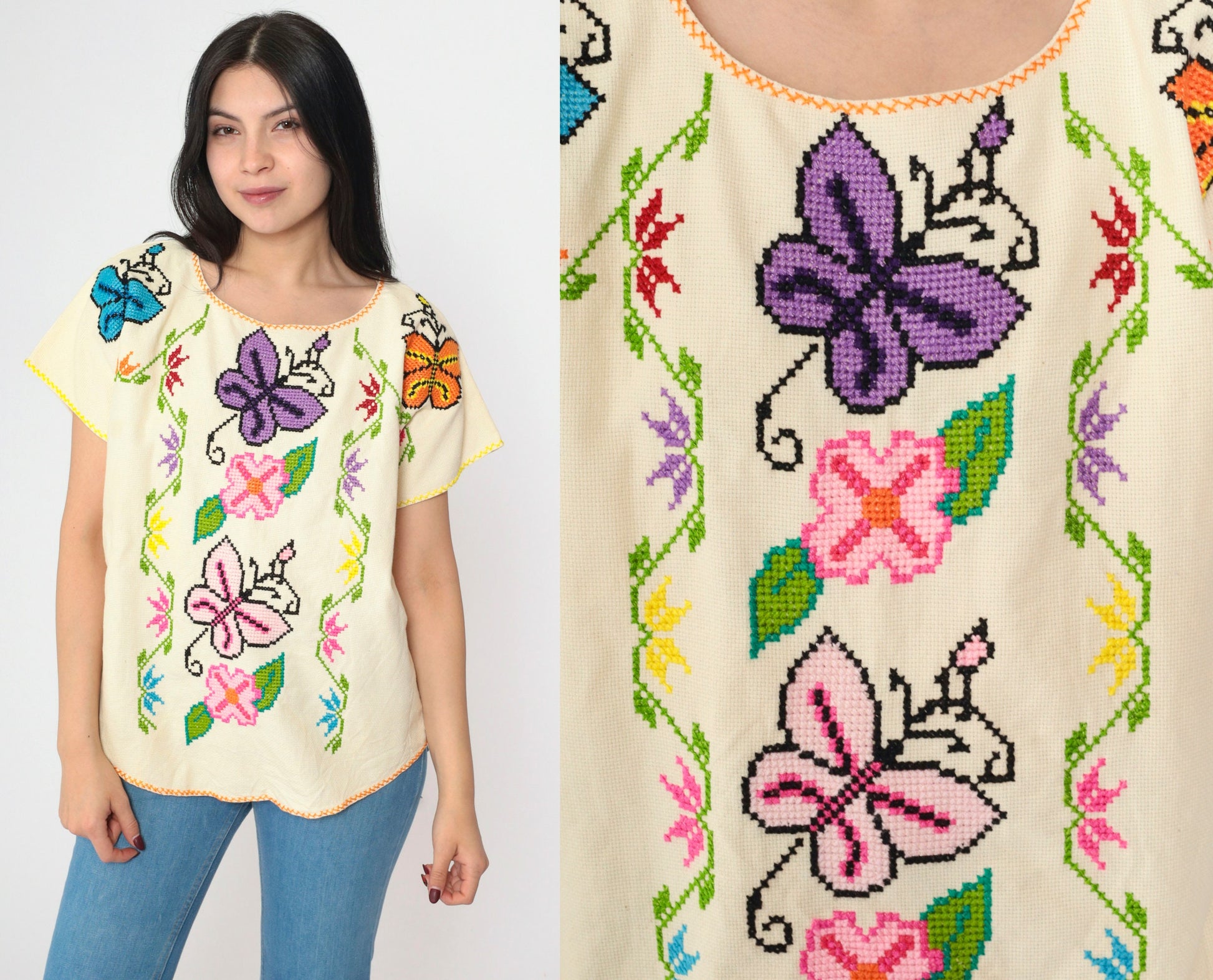 90s Cream Floral Embroidered Blouse Butterfly Cross Stitch Scoop Neck Medium