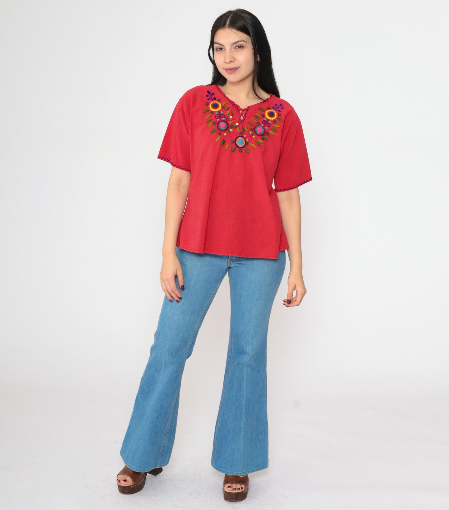 90s Red Floral Embroidered Mexican Blouse Lace-Up Short Sleeve Small Medium