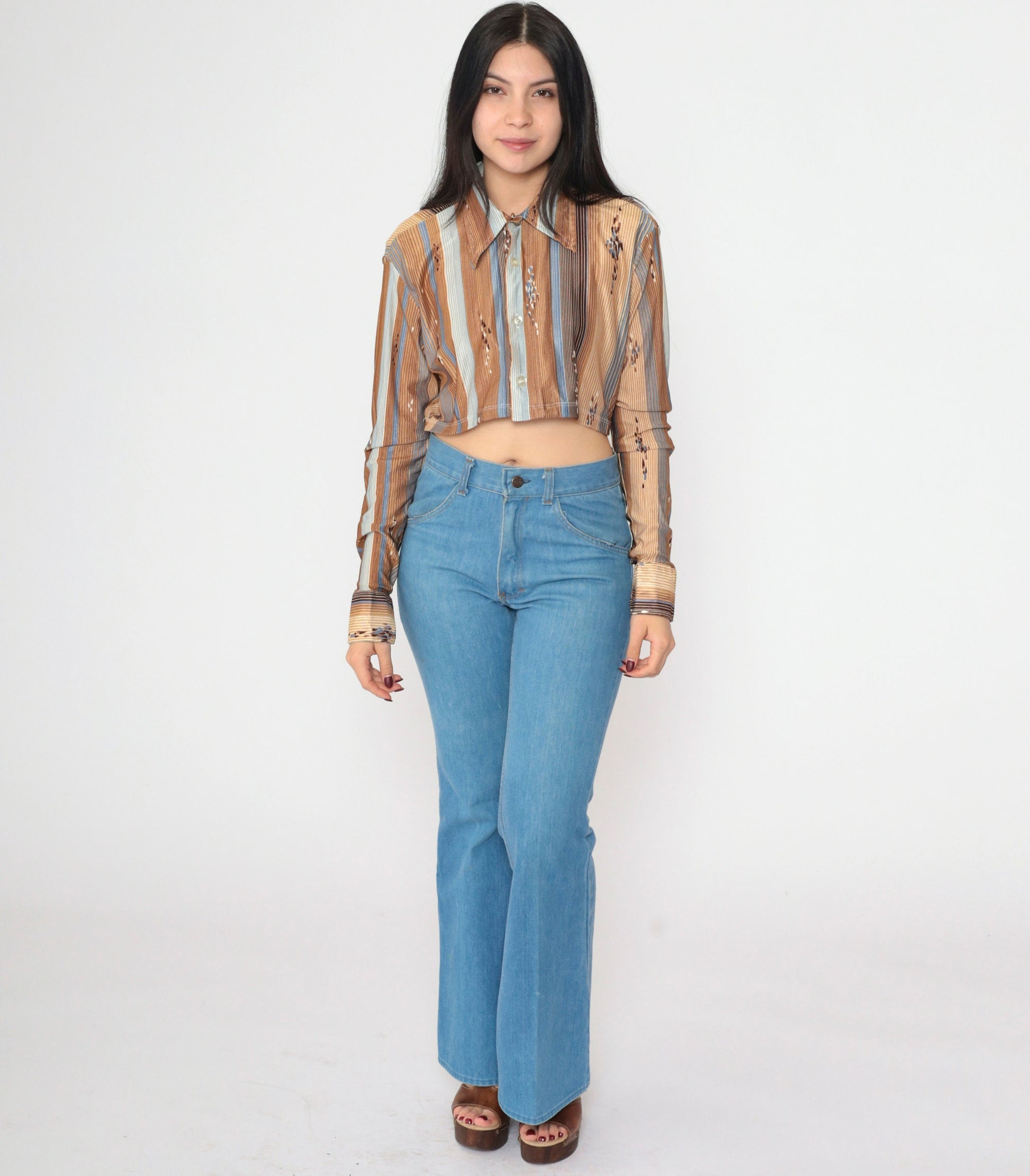 70s Striped Raindrop Print Crop Blouse Button-Up Long Sleeve Brown Green Small