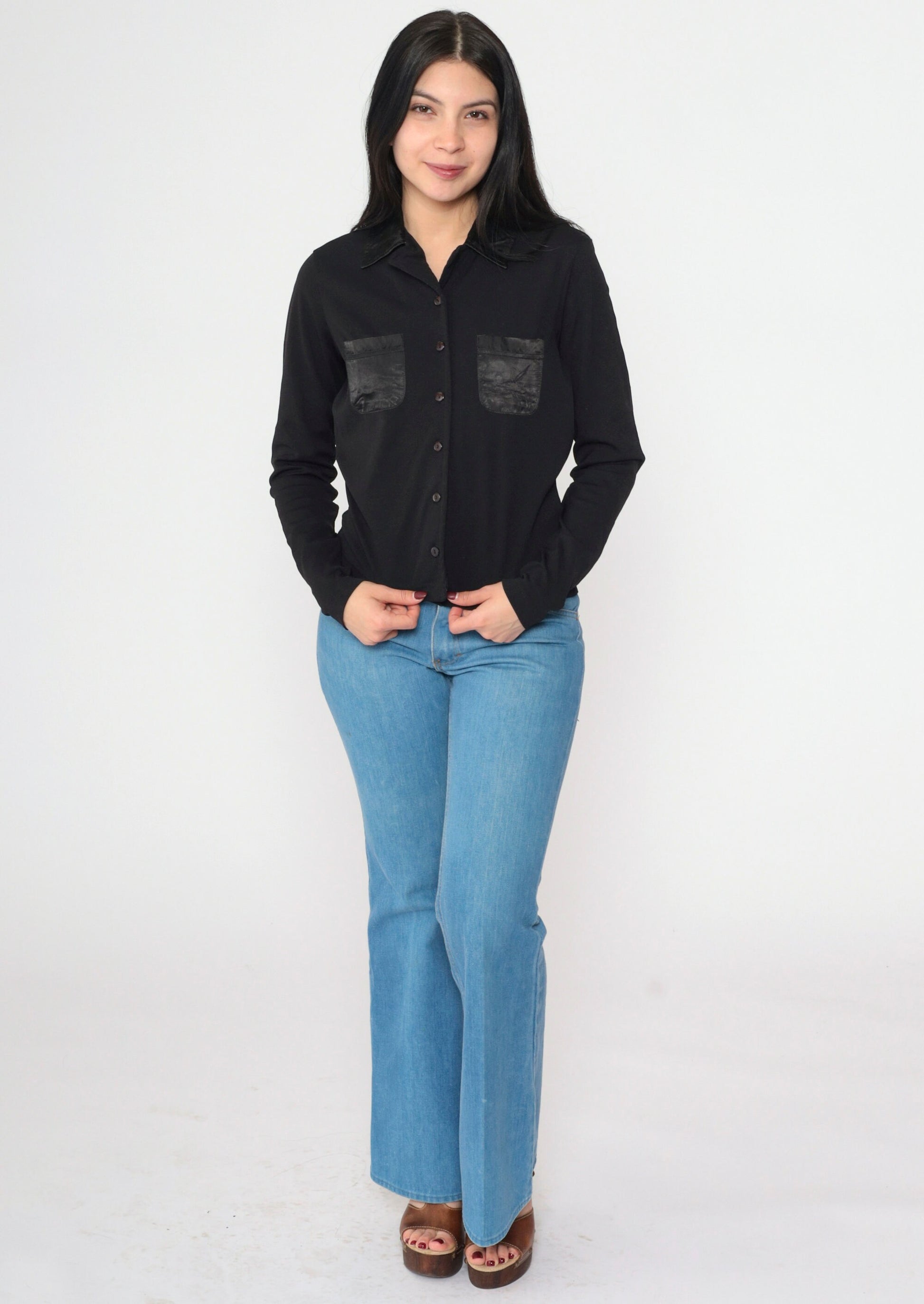 90s Energie Black Button-Up Blouse Satin Pocket Long Sleeve Medium
