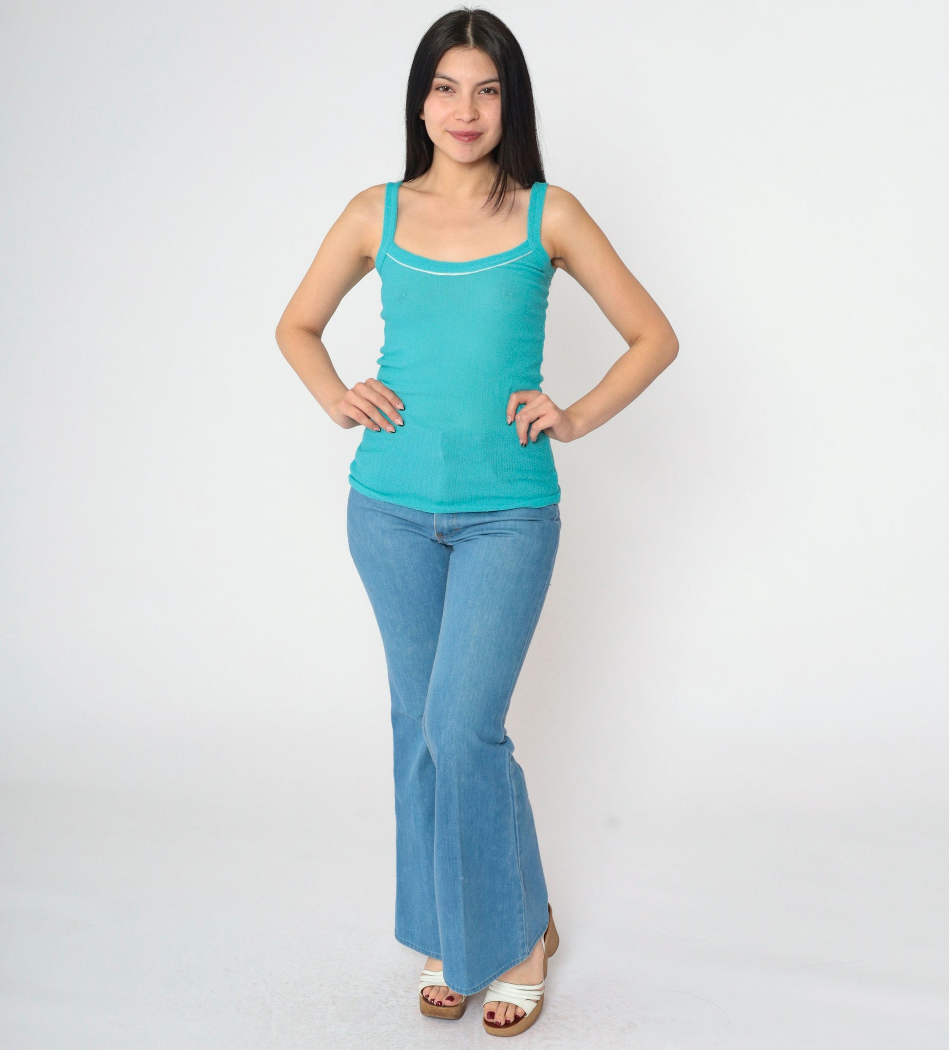 70s Turquoise Knit Tank Top Square Neck Spaghetti Strap Fitted Cami Small