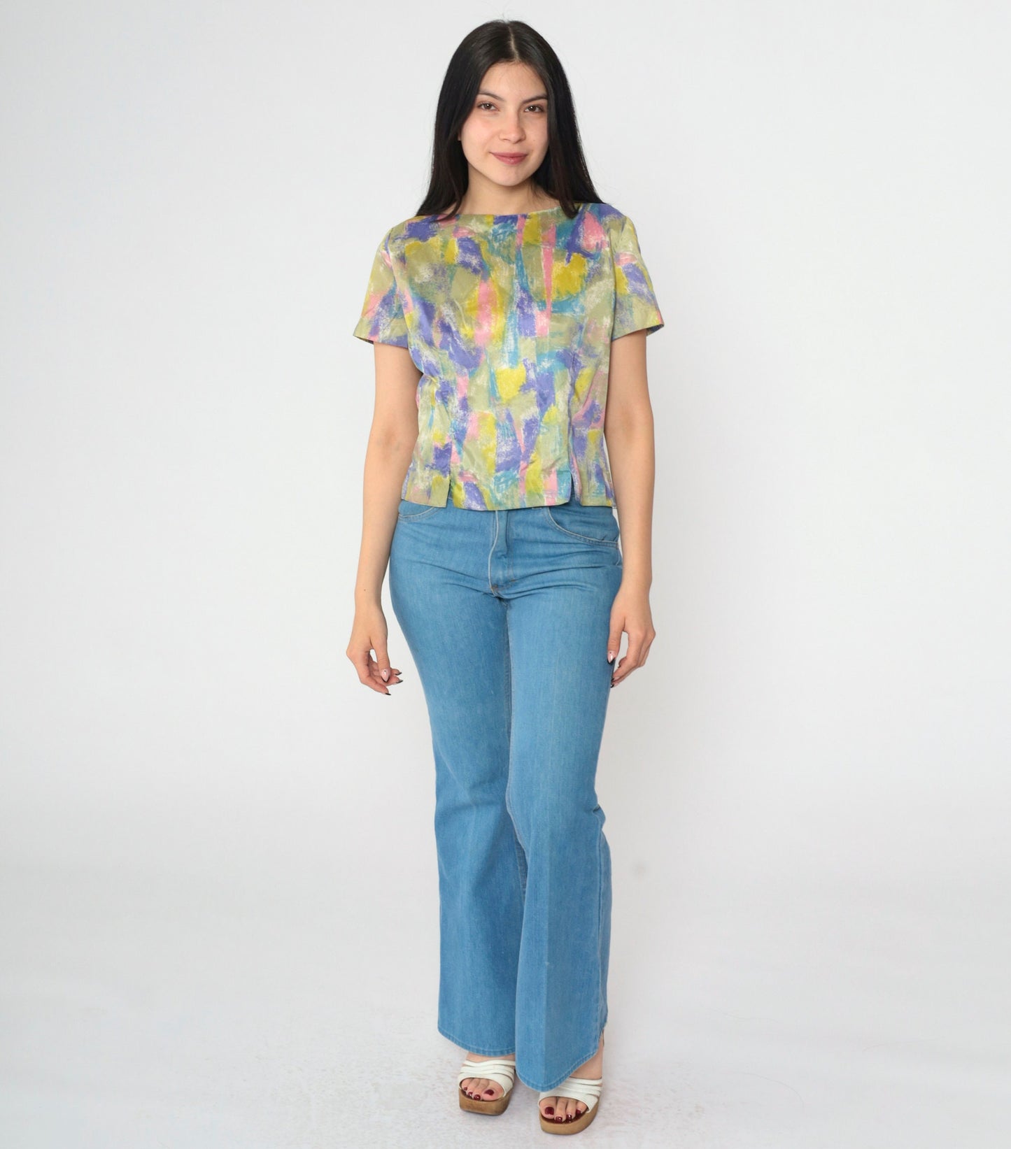 60s Judy Bond Abstract Brushstroke Blouse Multicolor Button Back Small