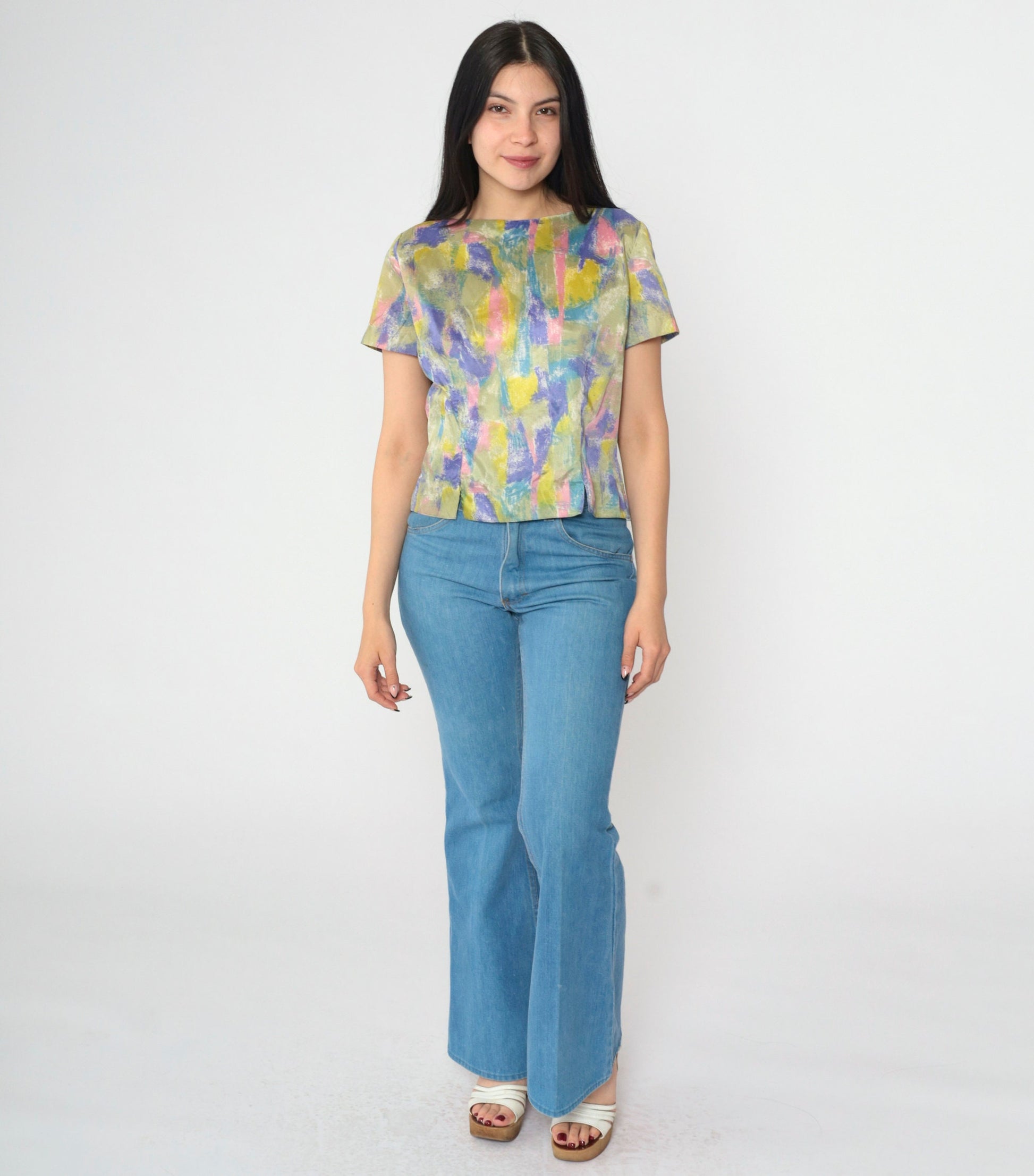 60s Judy Bond Abstract Brushstroke Blouse Multicolor Button Back Small