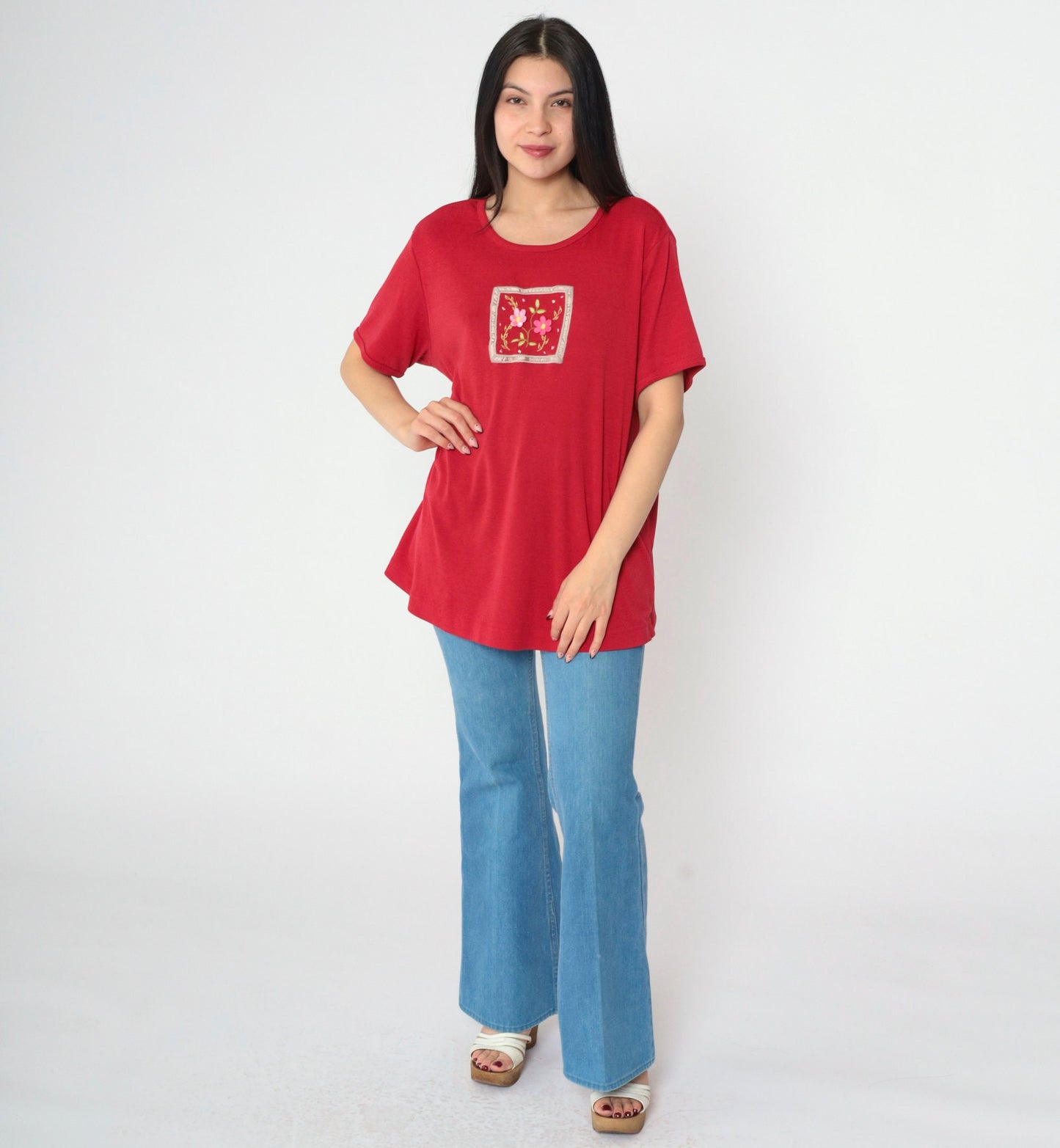 Y2K Floral Embroidered T-Shirt Red Graphic Tee Short Sleeve Extra Large XL