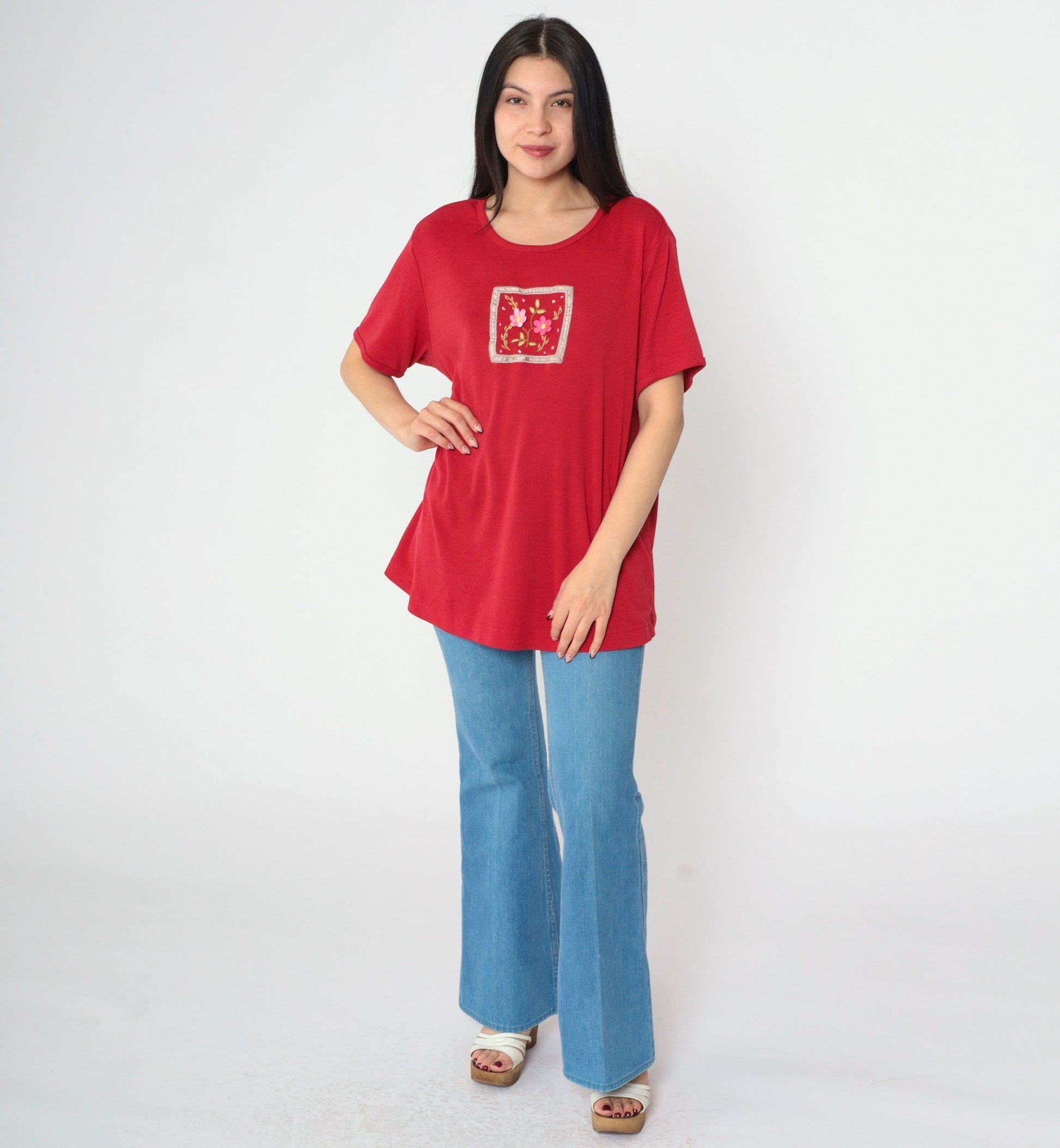 Y2K Floral Embroidered T-Shirt Red Graphic Tee Short Sleeve Extra Large XL
