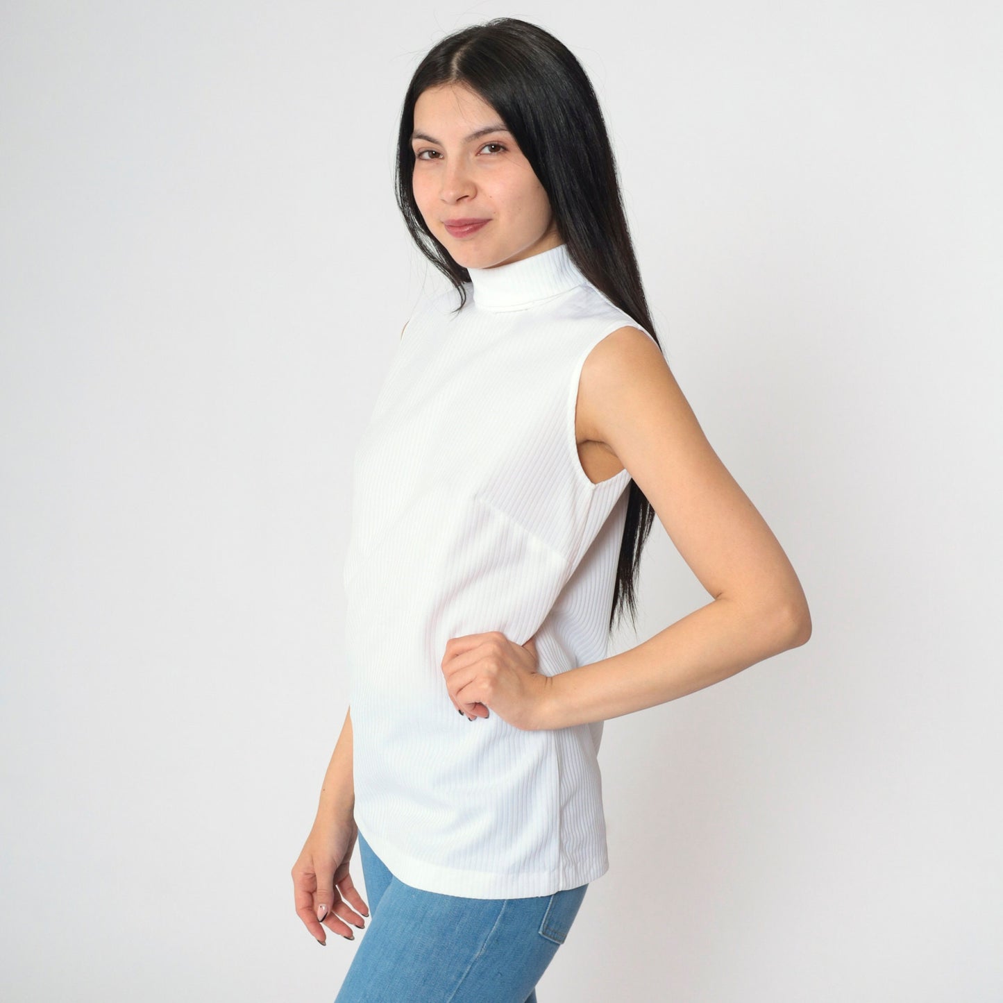 70s White Ribbed Polyester Sleeveless Turtleneck Tank Small