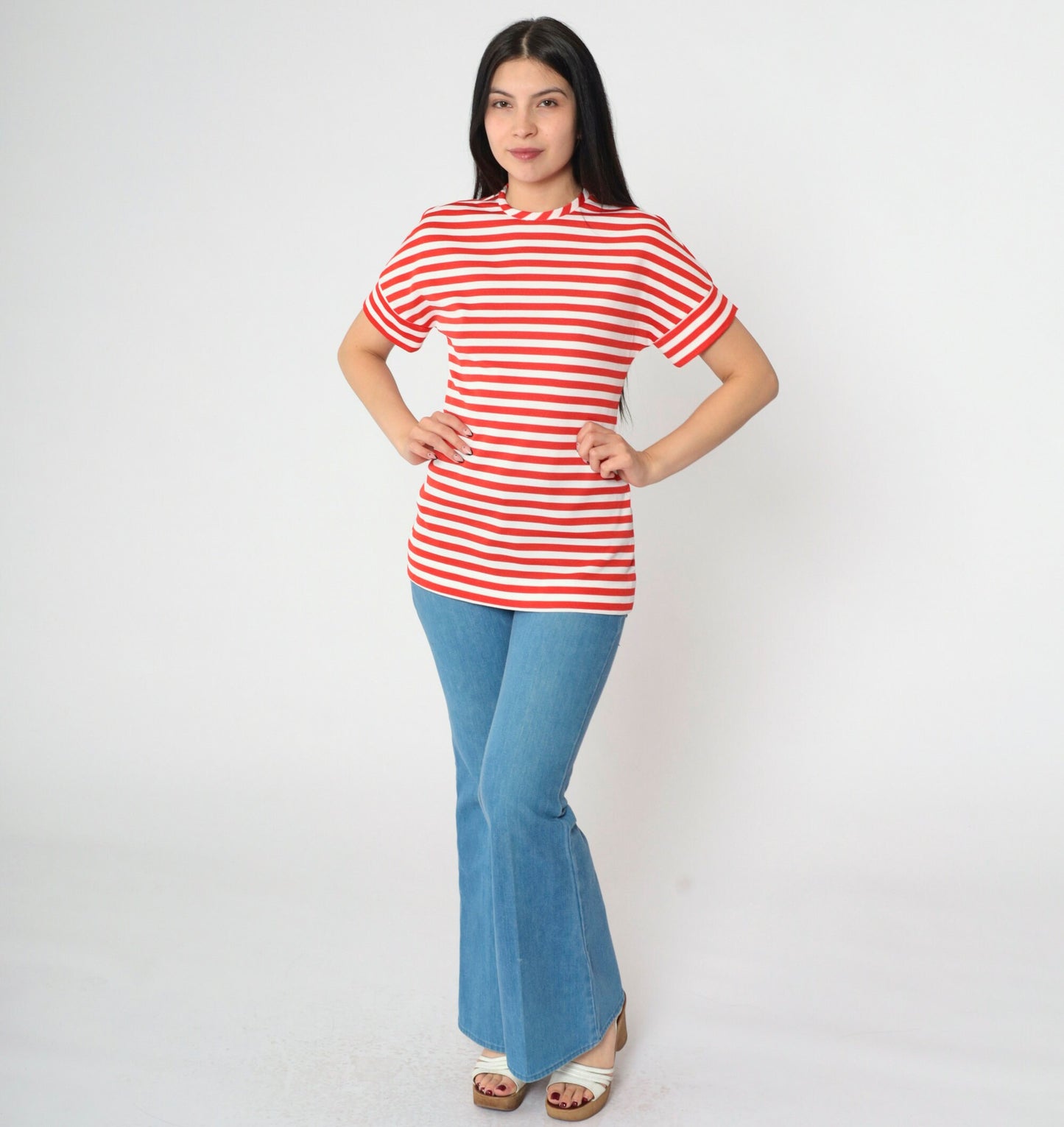 70s Jonathan Logan Striped Blouse Red White Short Sleeve Rear Zip Small