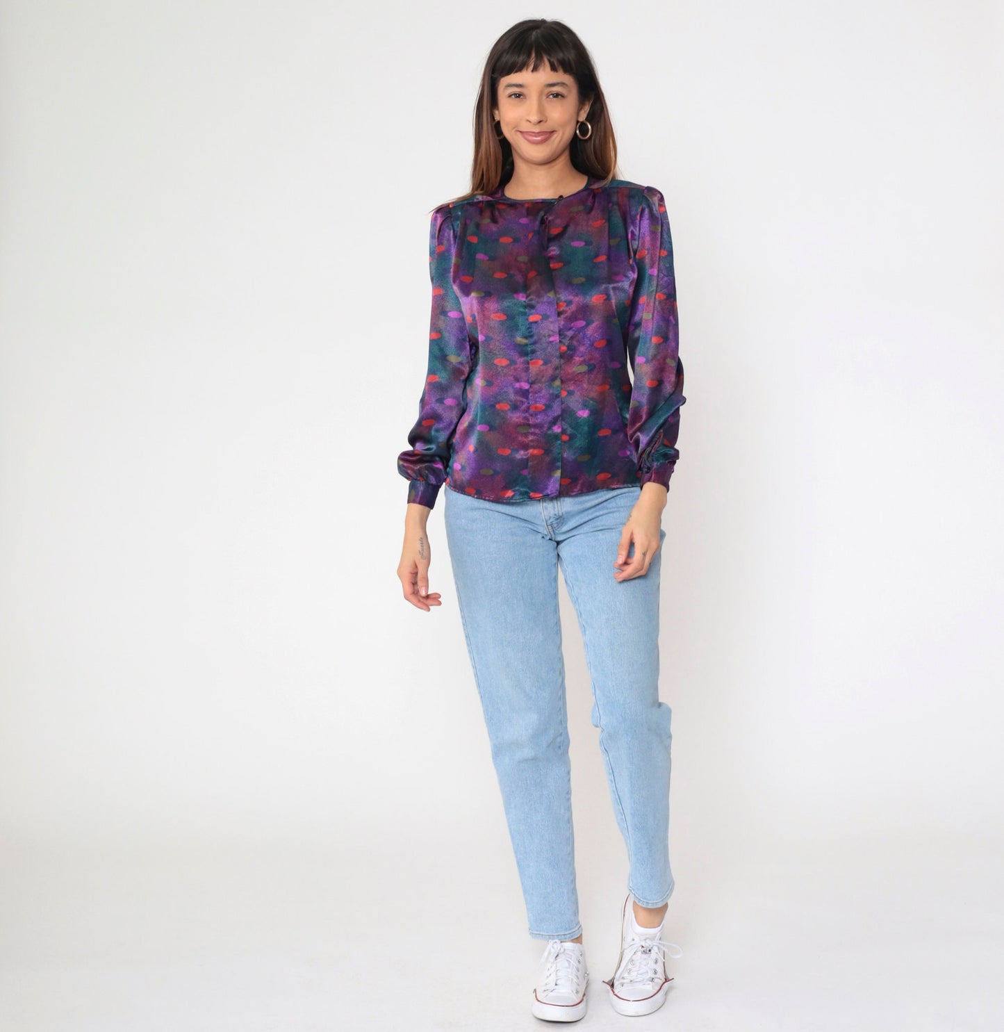 80s Polka Dot Puff Sleeve Button-Up Blouse Multicolor Polyester Small