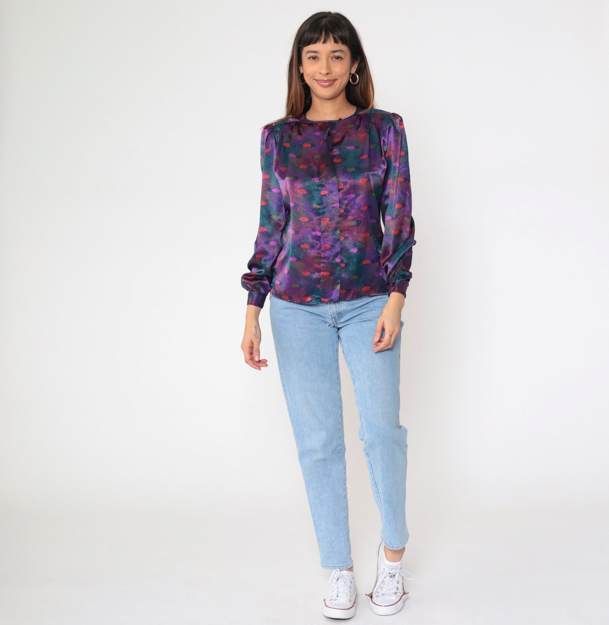 80s Polka Dot Puff Sleeve Button-Up Blouse Multicolor Polyester Small