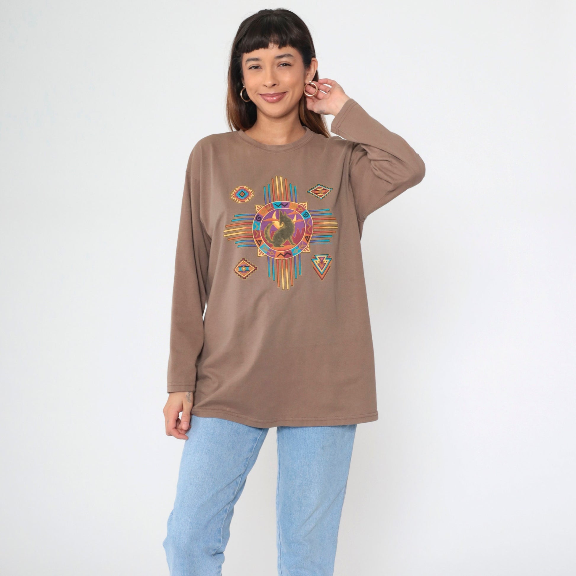 90s Southwestern Coyote Moon Graphic Long Sleeve T Shirt Brown Large